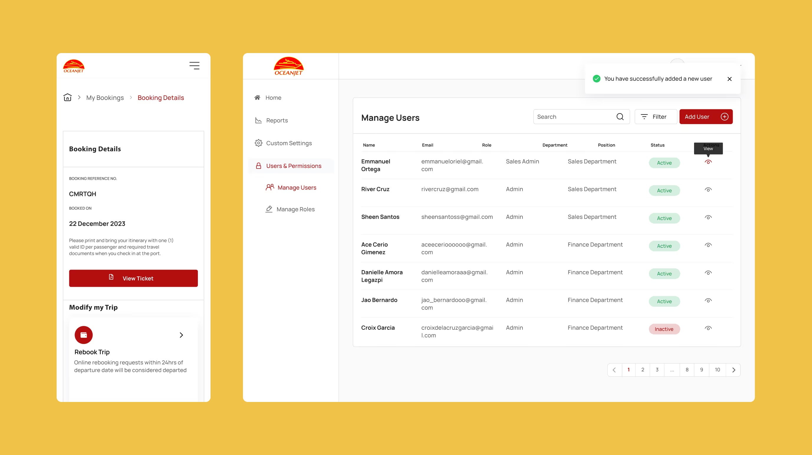 OceanJet booking details on mobile beside an admin screen for managing users, roles and account status.