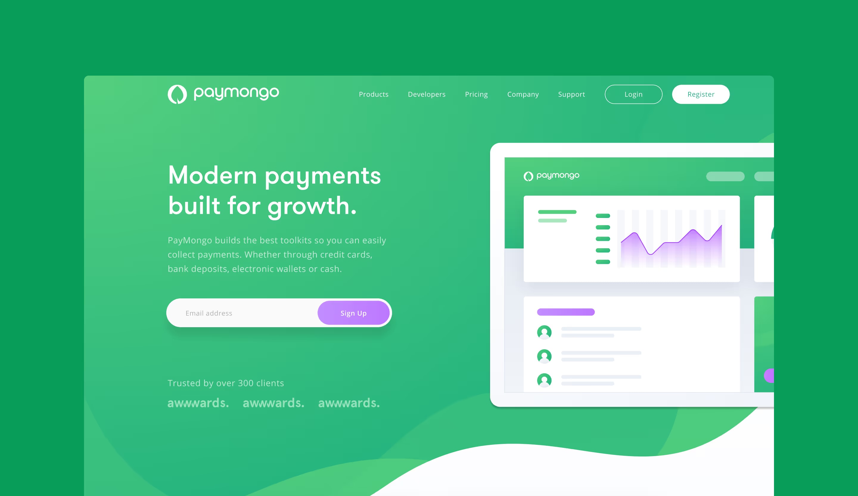 PayMongo home page with a payments headline and email sign-up beside a dashboard illustration.