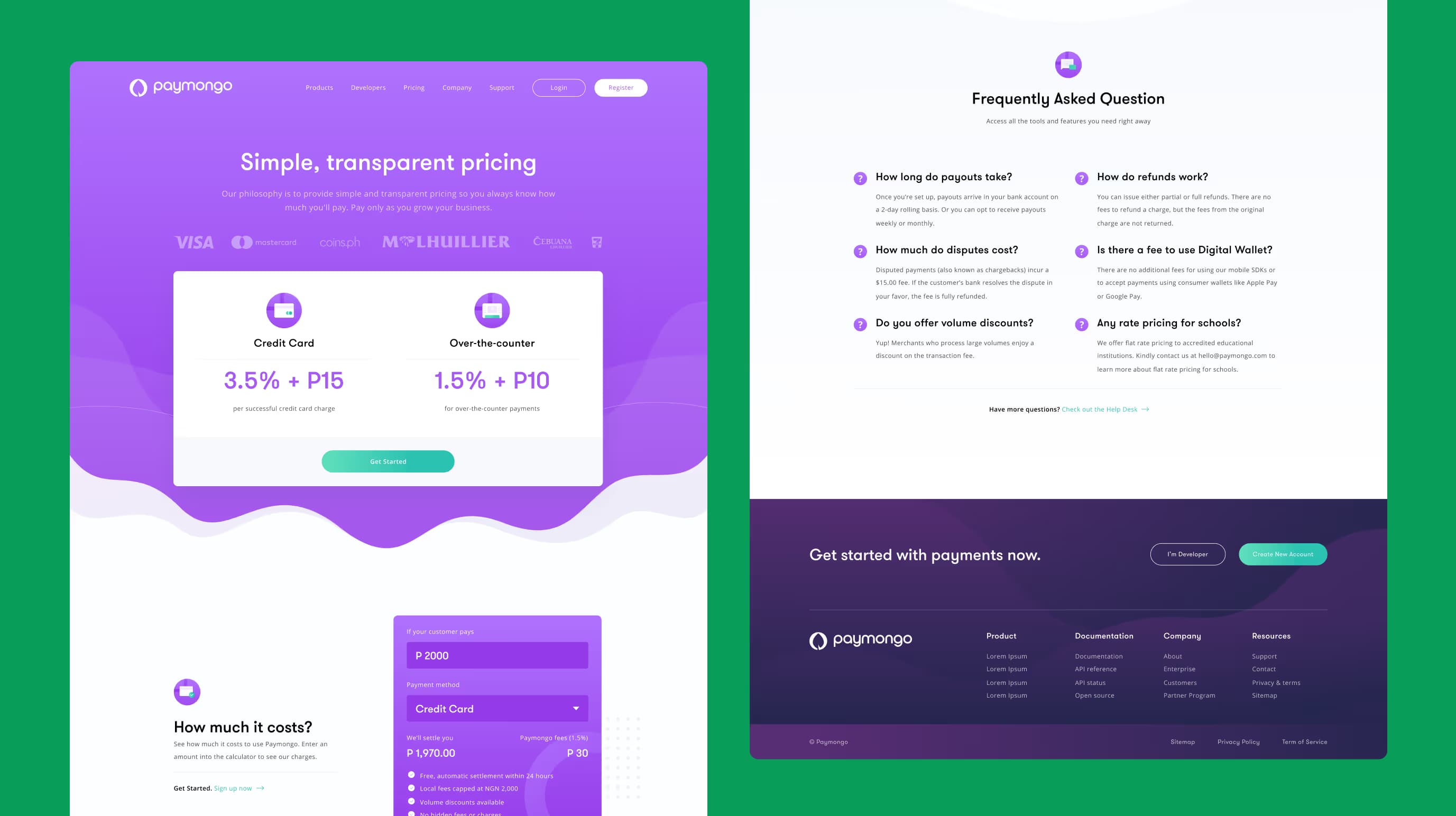 PayMongo pricing page with credit card and over-the-counter rates, a fee calculator and frequently asked questions.