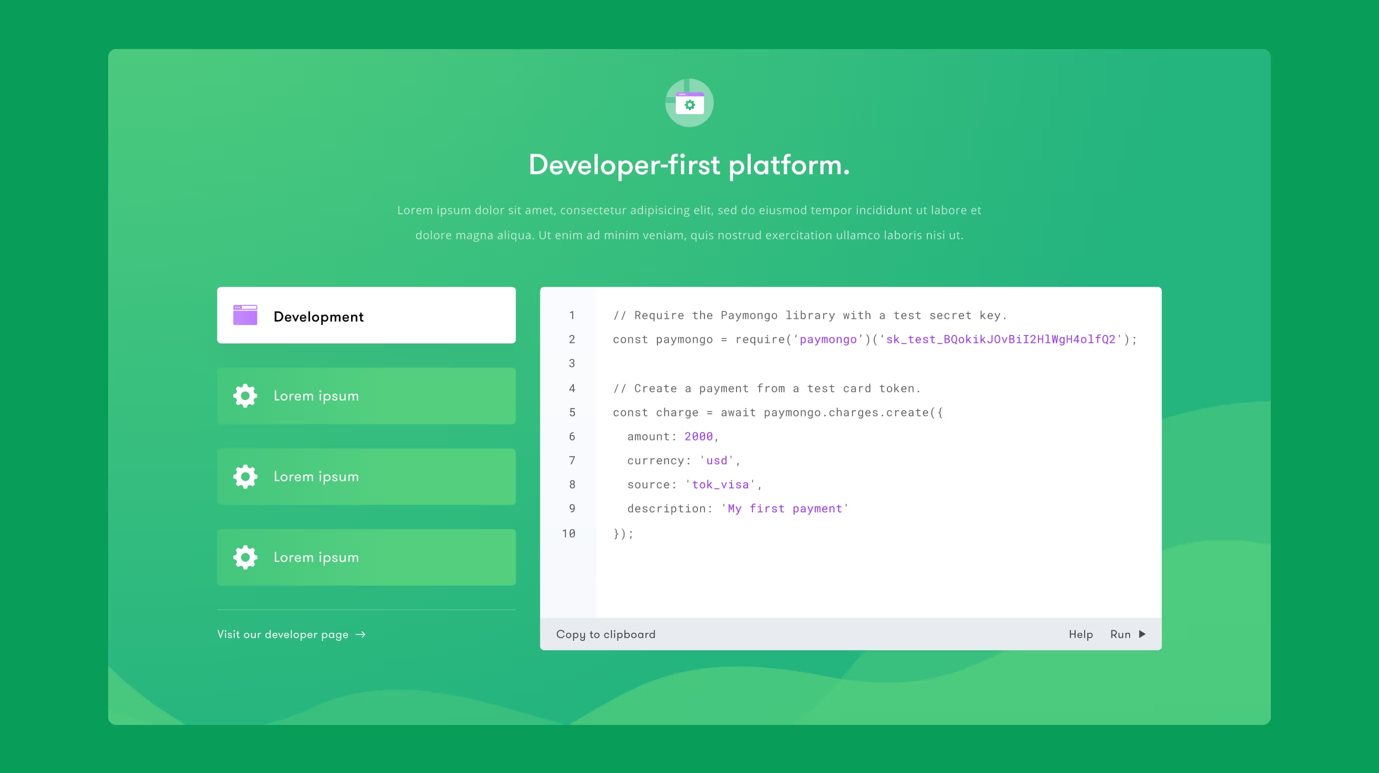PayMongo developer section with a code sample for creating a test payment.