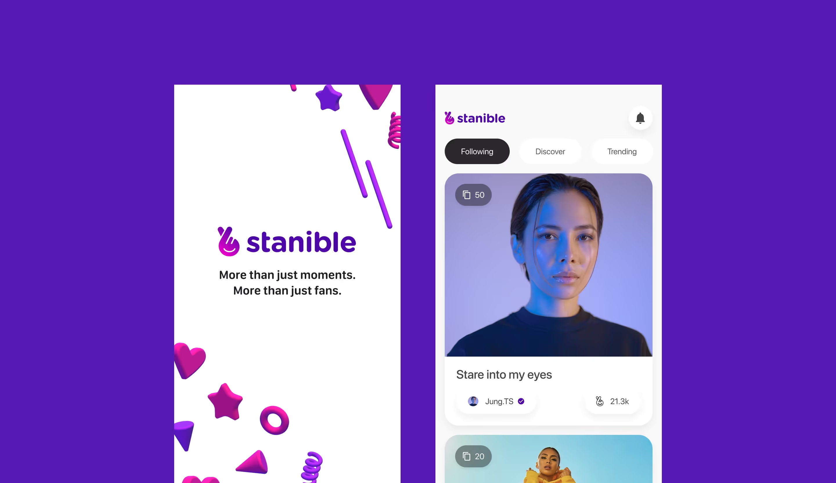 Stanible app splash screen beside a feed of creator photo collectibles with following, discover and trending tabs.