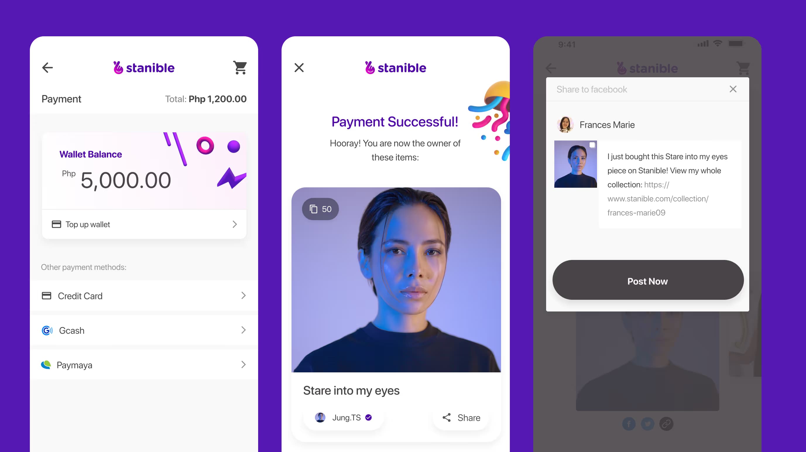Stanible checkout with a wallet balance and payment options, a payment success screen and a Facebook share prompt.