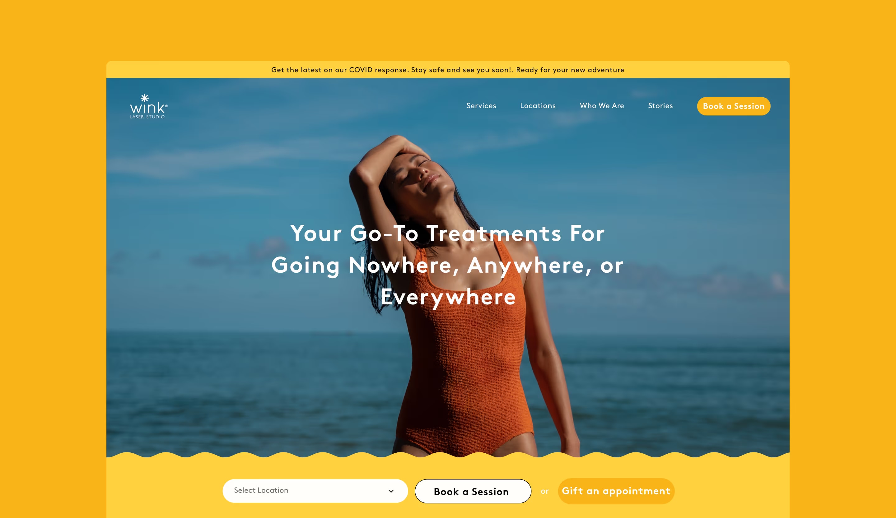 Wink Laser Studio home page with a beach photo, a treatment headline and a location picker for booking.