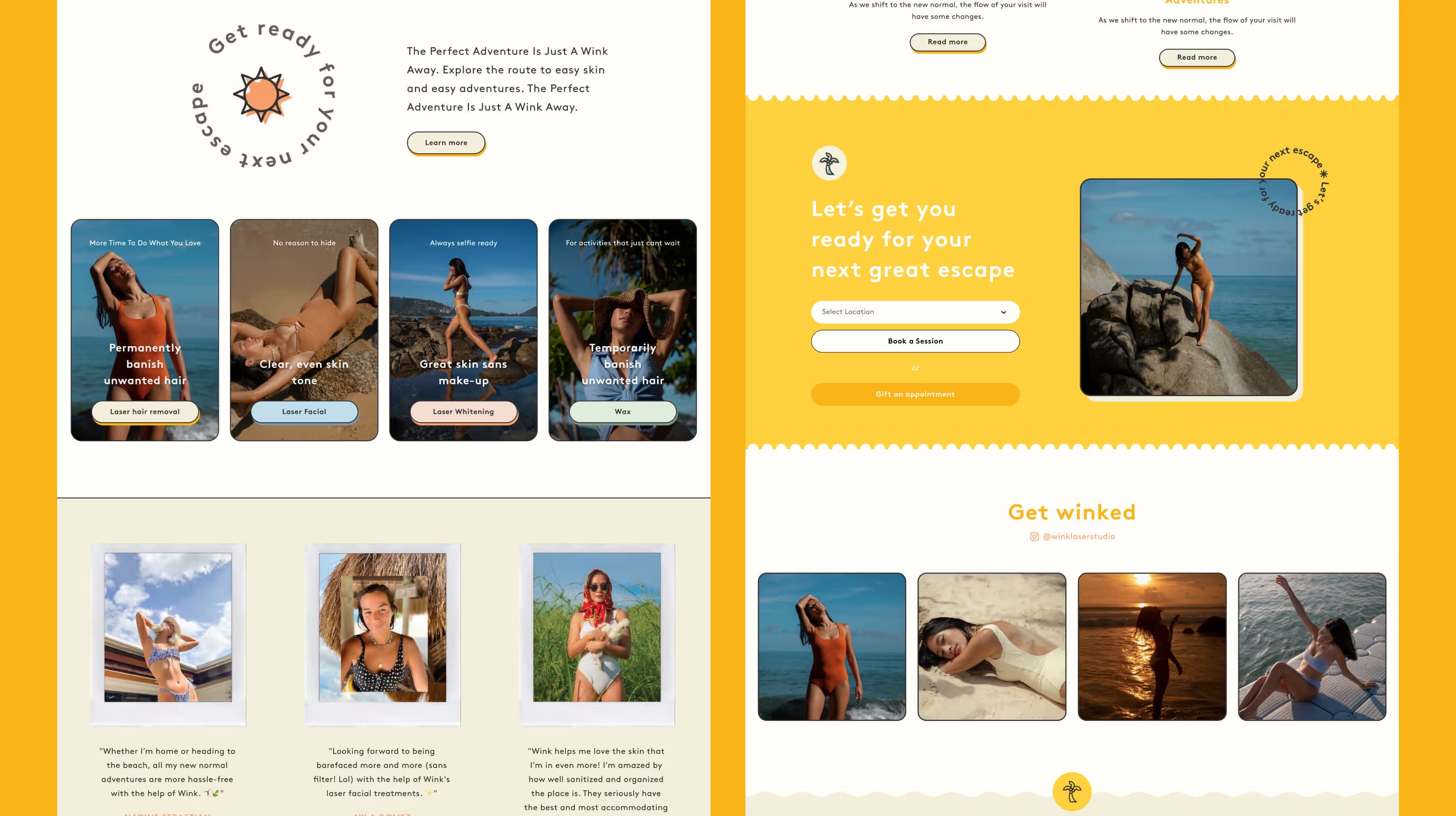 Wink Laser Studio pages with treatment cards, customer stories, a booking form and a beach photo gallery.