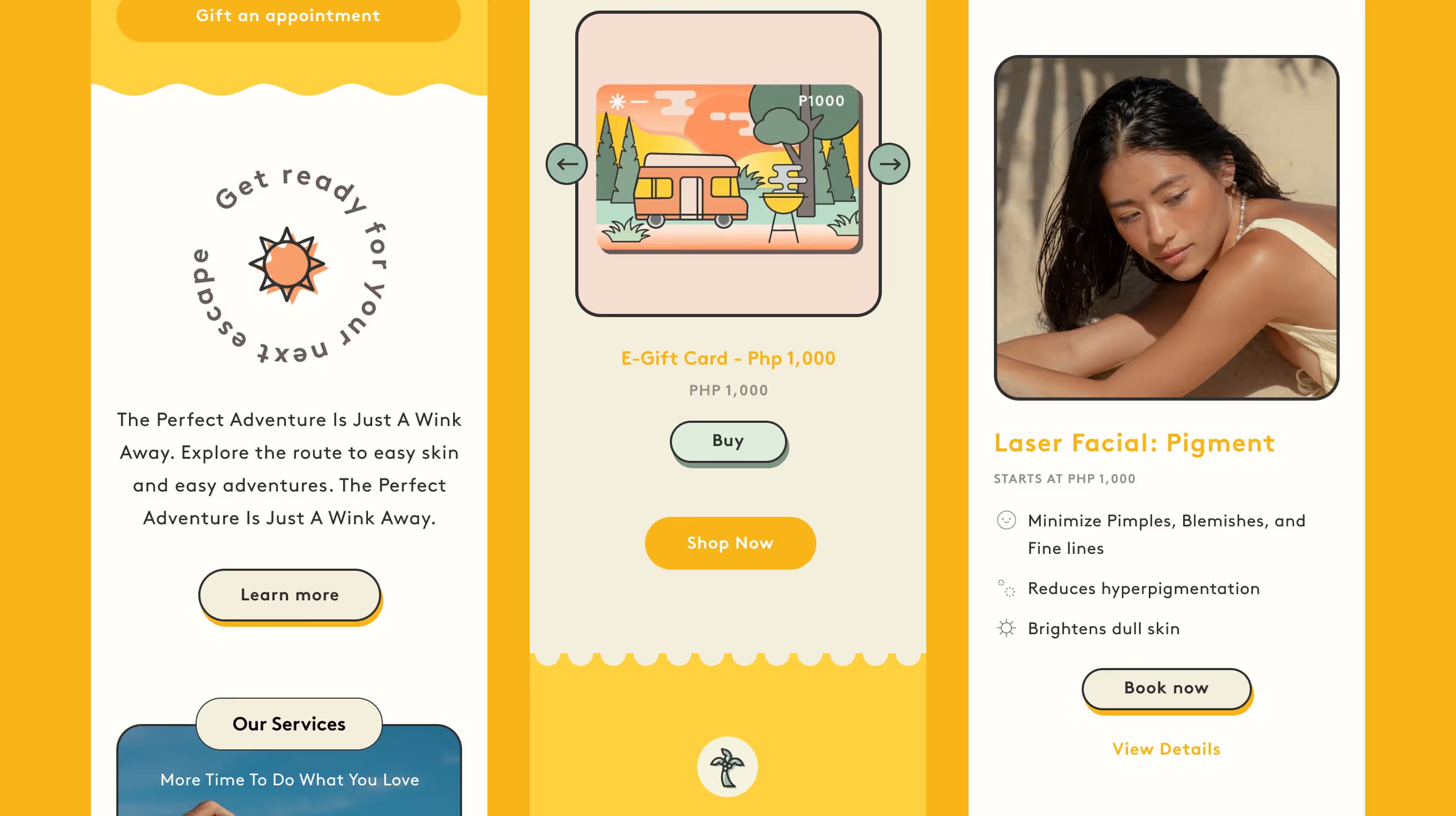 Wink Laser Studio mobile screens for the home page, an e-gift card and a laser facial treatment.