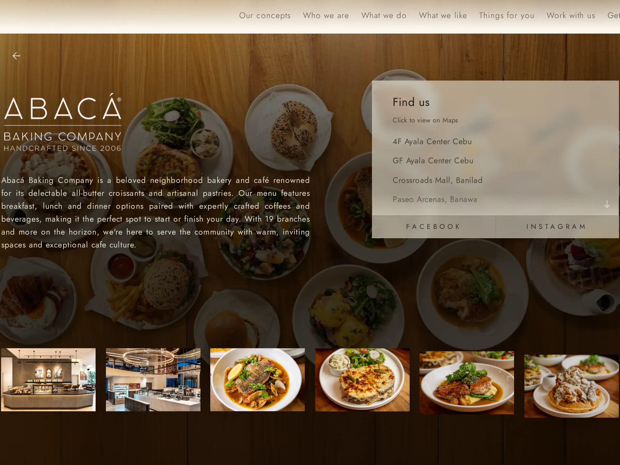 The Abaca Group baking company page for Abaca Baking Company, with a description of the bakery and a list of its Cebu locations.