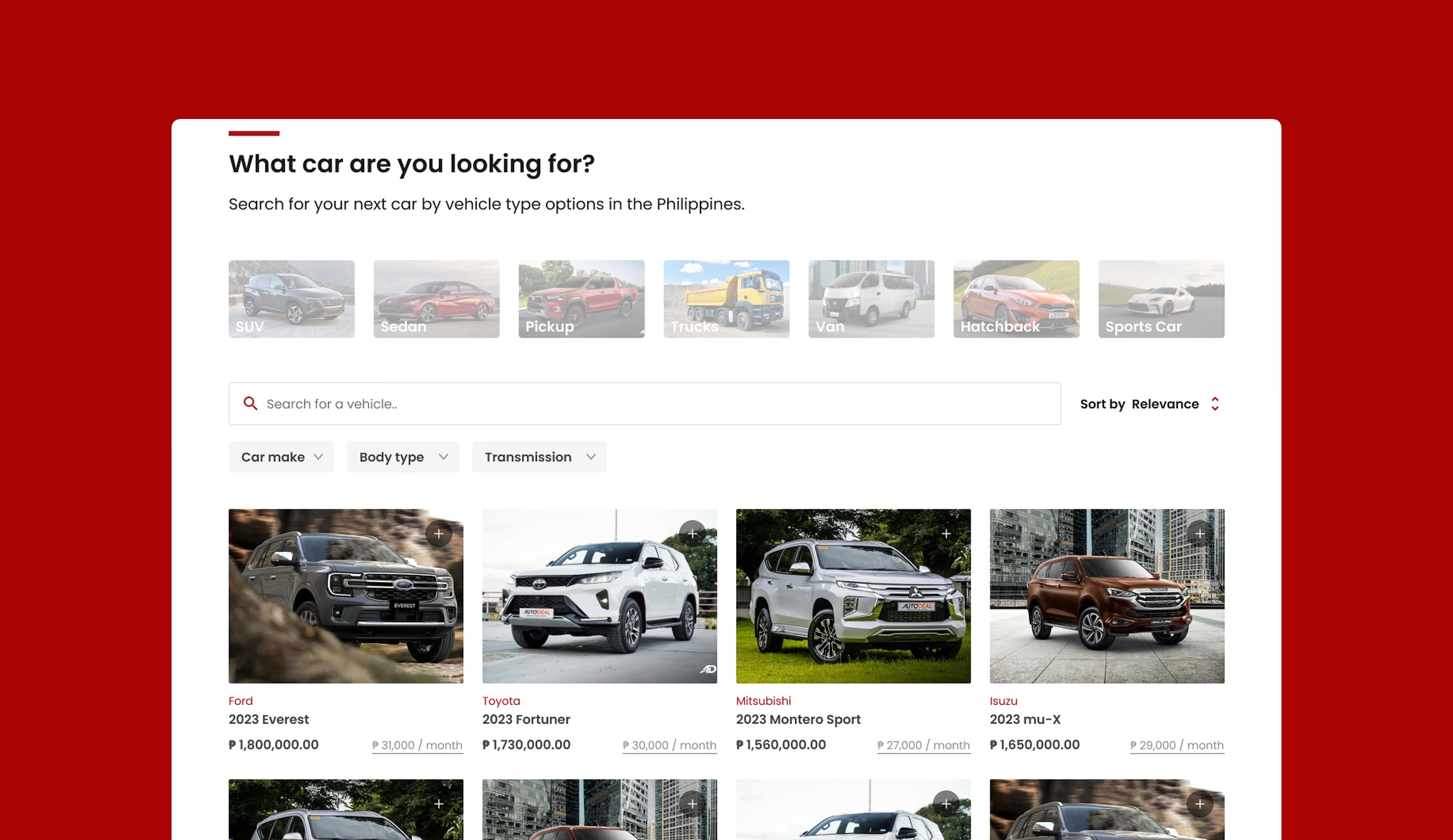 BPI Marketplace cars catalog with vehicle-type tiles, search, sort, make, body type and transmission filters, and listings with their monthly amortisation.