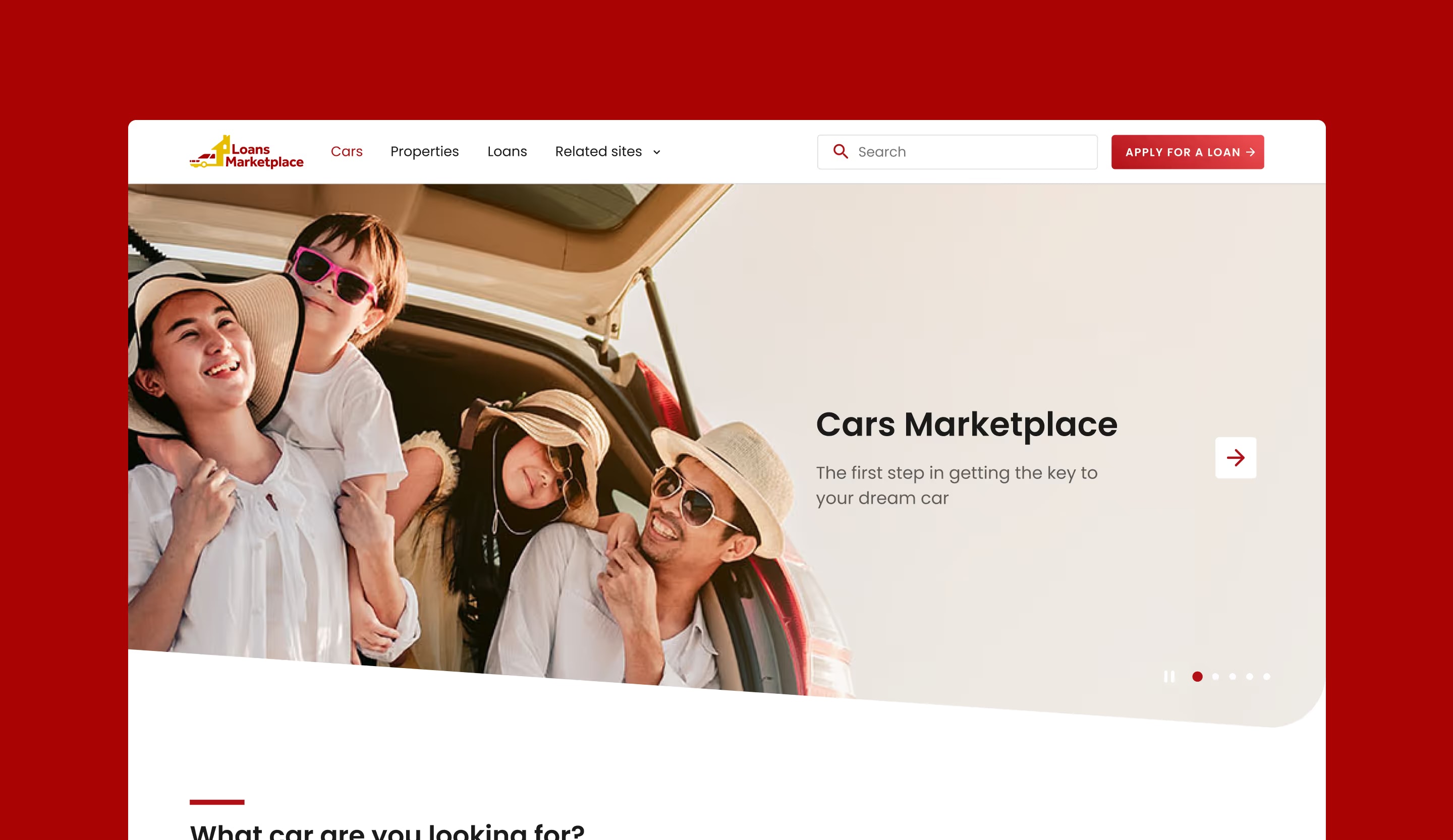 BPI Marketplace cars page with a family at a car’s open tailgate and an apply for a loan button.