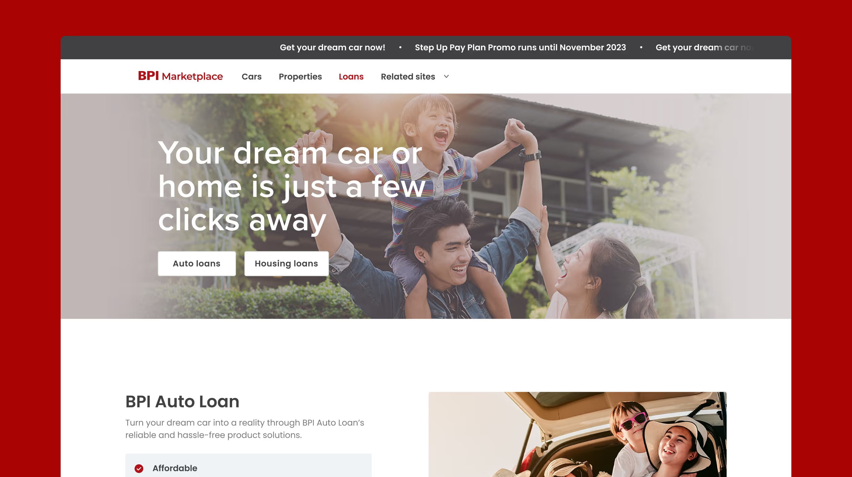 BPI Marketplace loans page with auto and housing loan buttons over a family photo, above the BPI Auto Loan section.