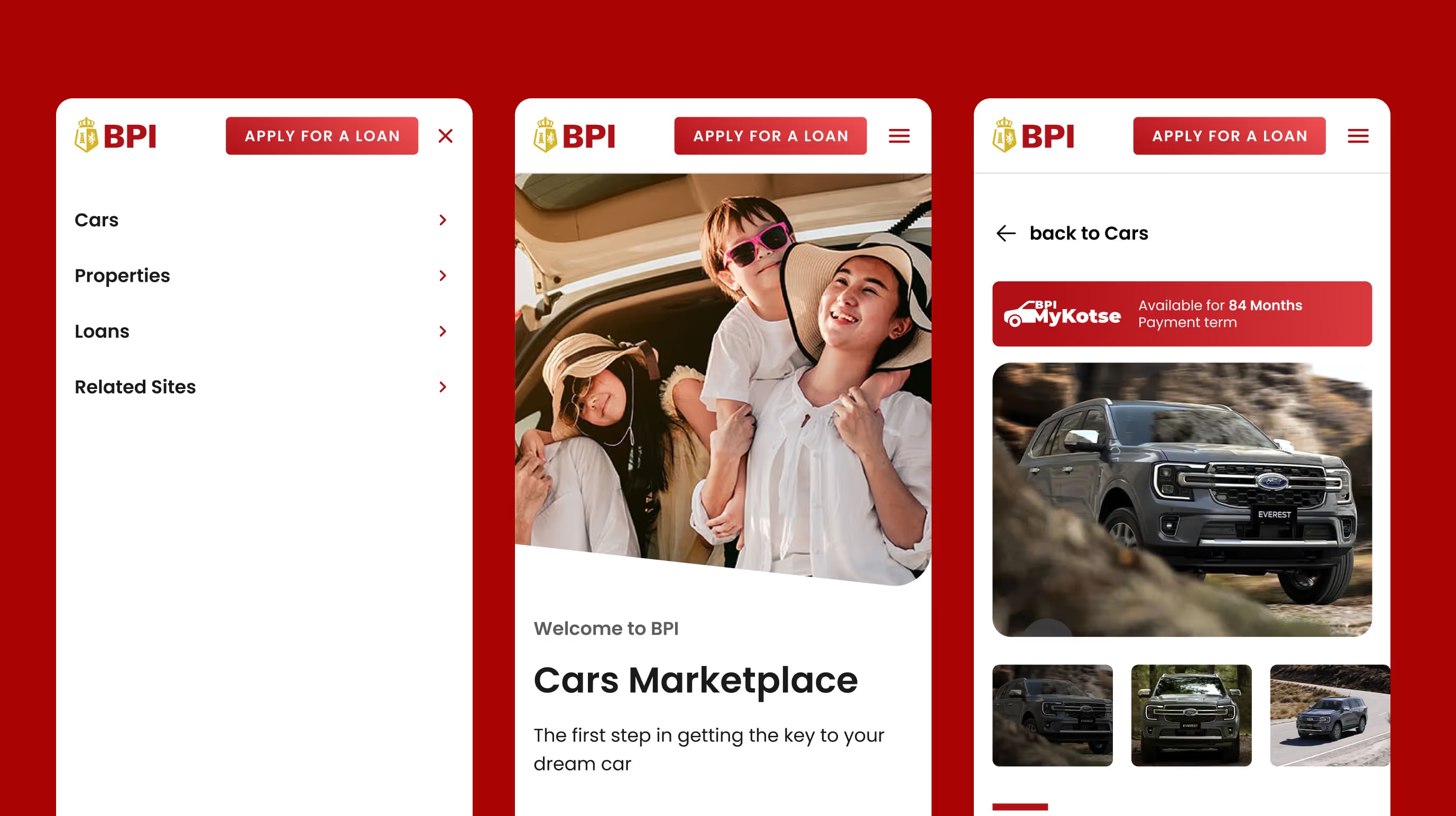 BPI Marketplace on mobile, showing the menu, the cars marketplace banner and a car listing with a photo gallery.