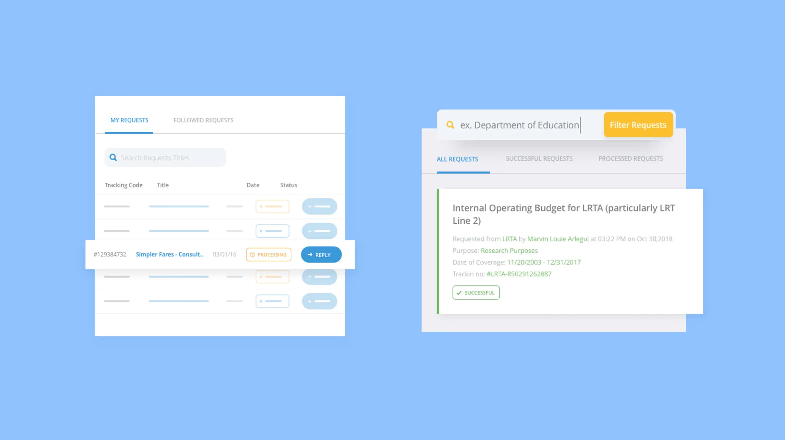 eFOI request tracker listing a user’s requests by status beside a filtered request card marked successful.