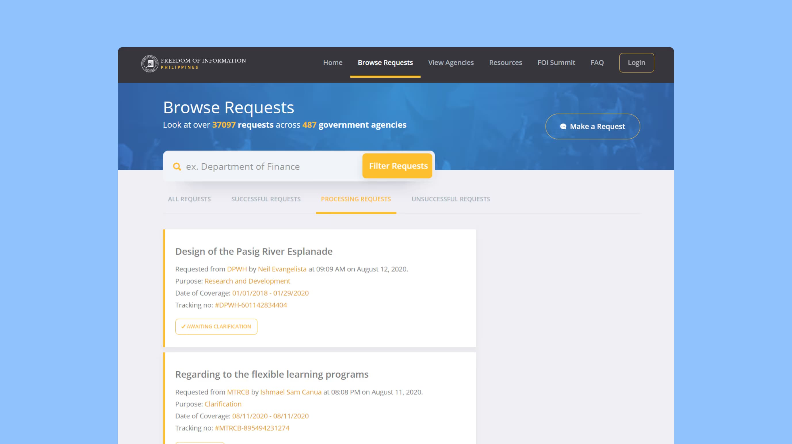 eFOI browse requests page with status tabs, a search filter and request cards showing purpose and tracking number.
