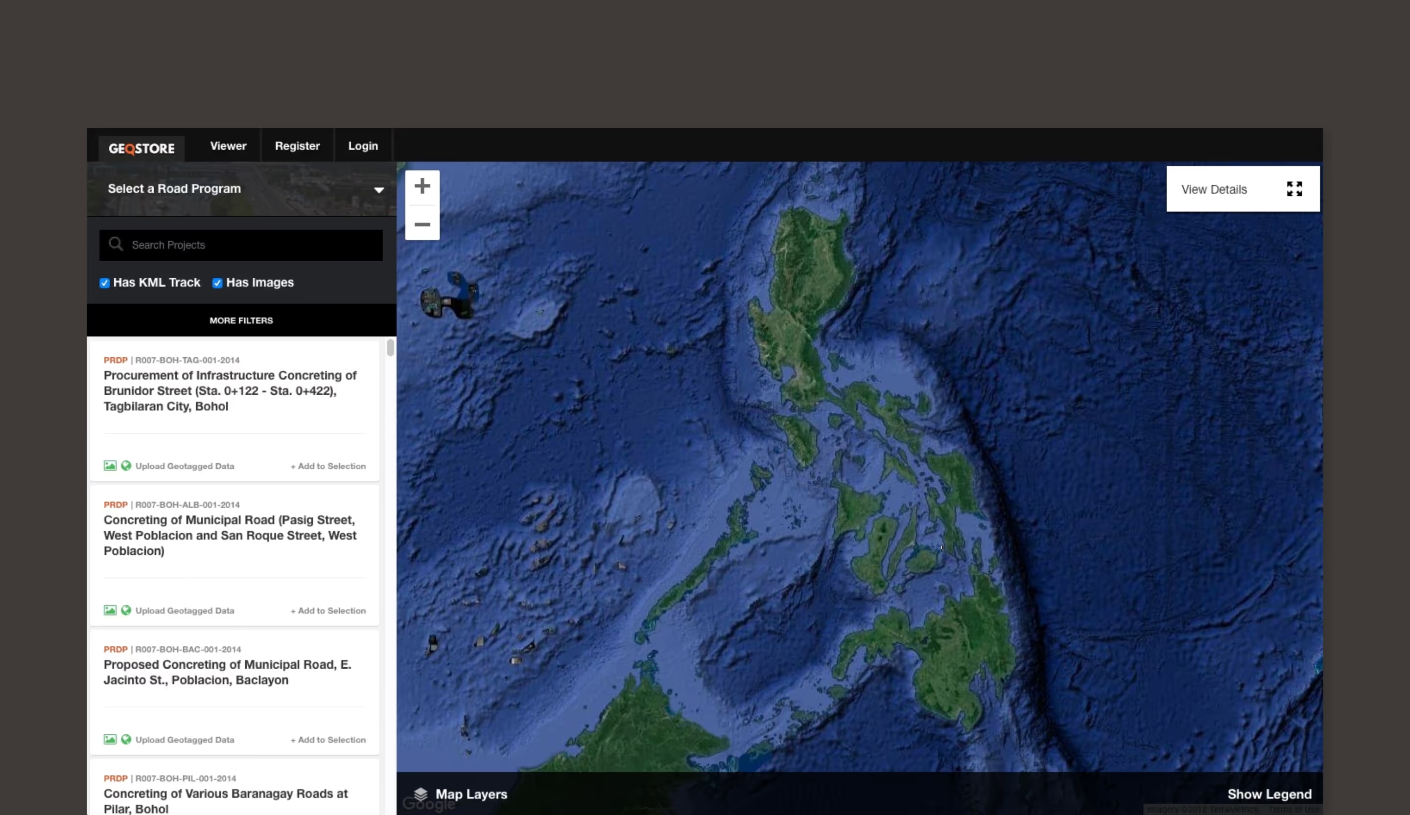 Geostore map viewer with a searchable road project list beside a satellite map of the Philippines.