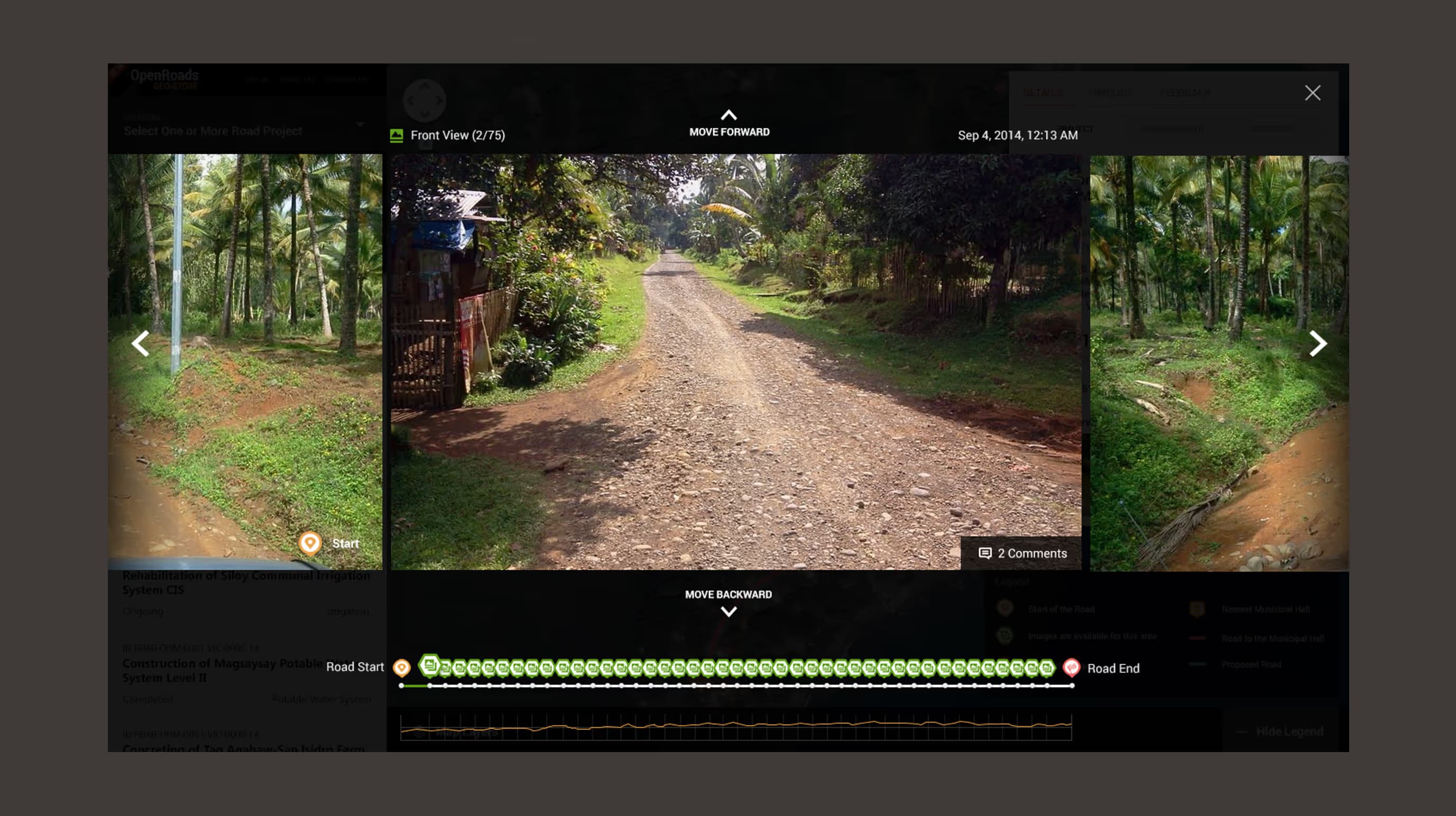 Geostore road viewer stepping through geotagged photos of a dirt road, with a timeline from road start to end.