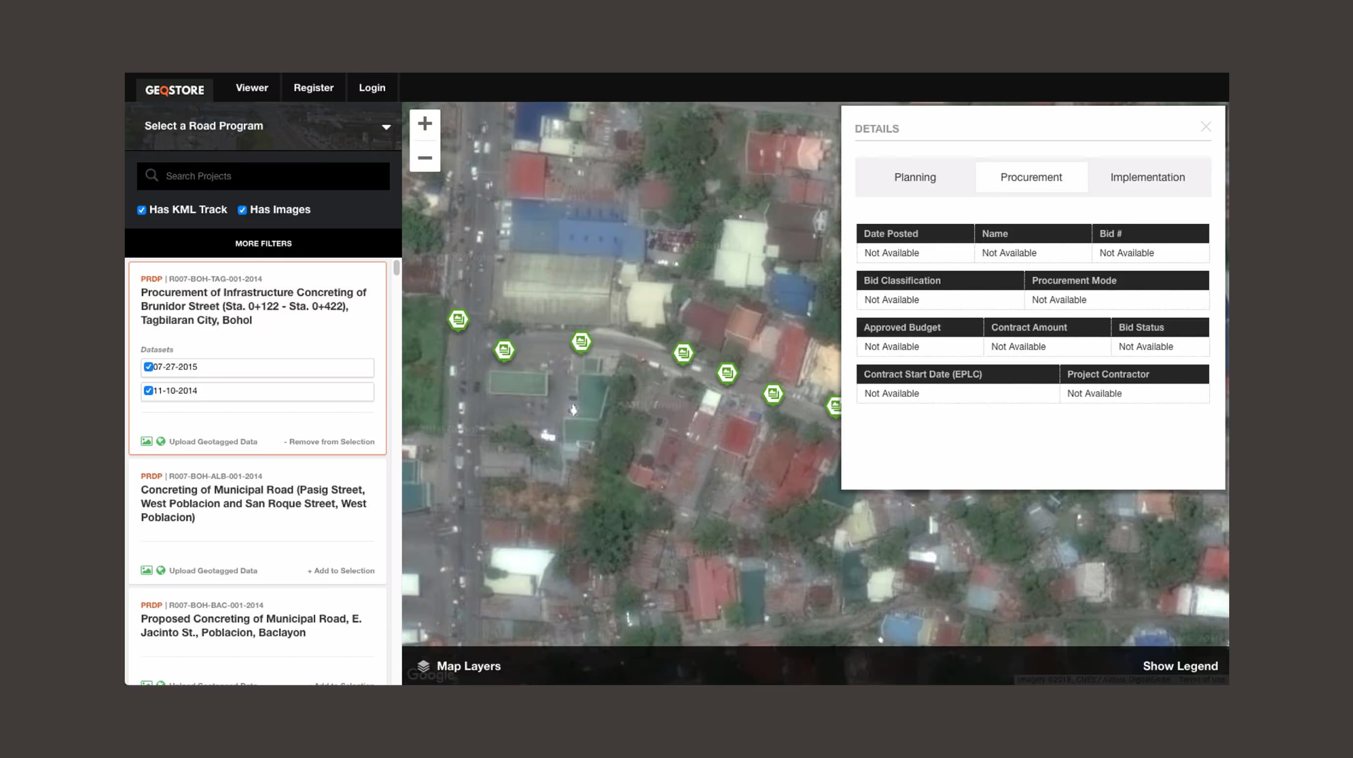 Geostore satellite view with project markers and a details panel of procurement fields for a selected road project.