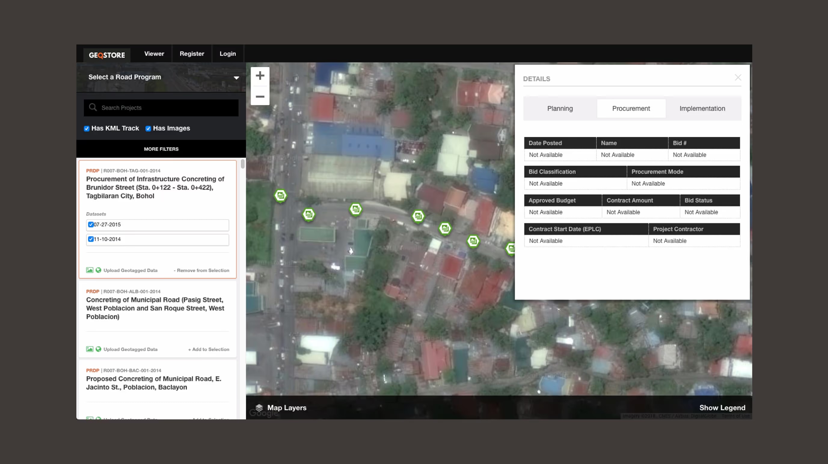 Geostore satellite view with project markers and a details panel of procurement fields for a selected road project.