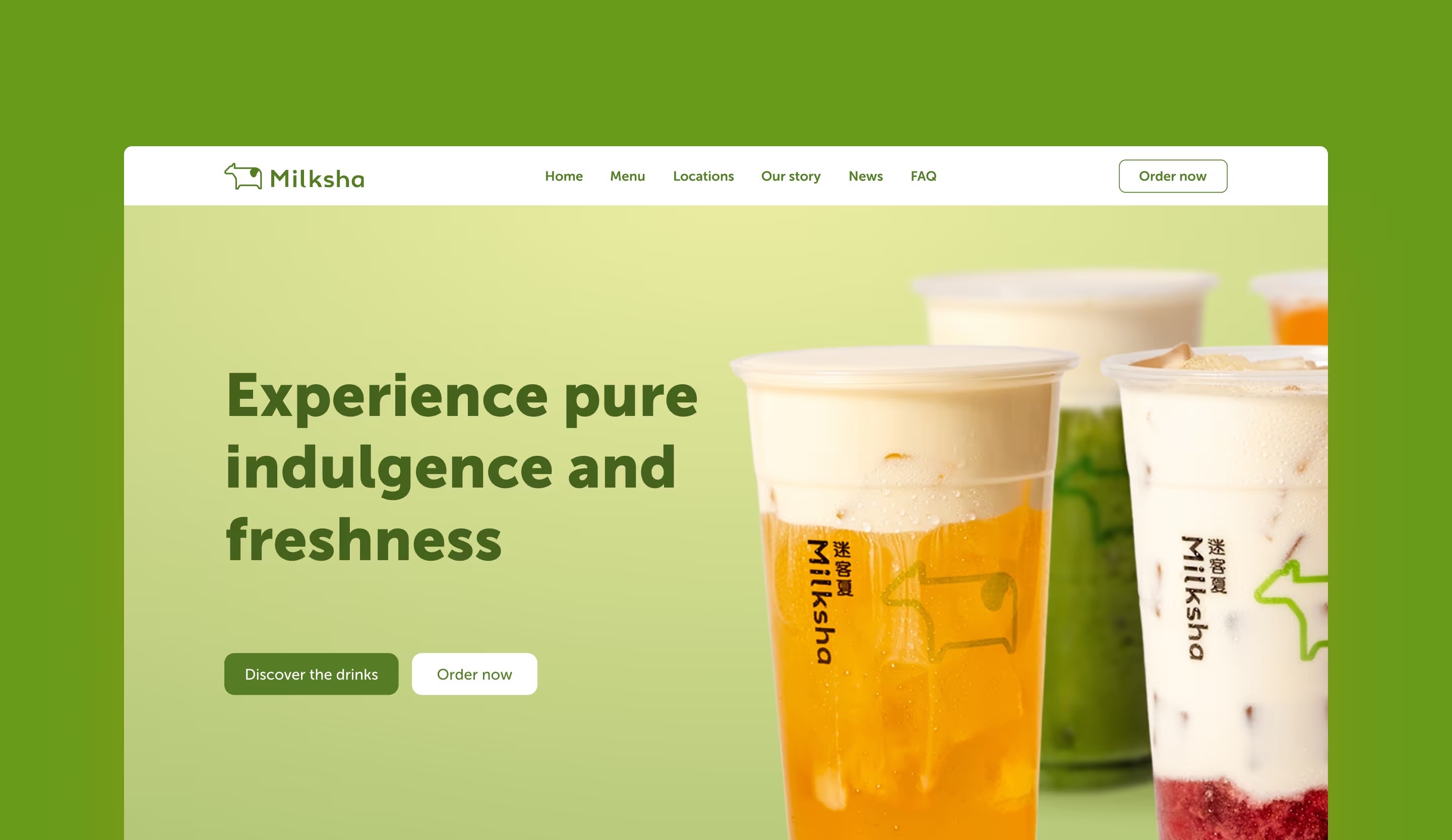Milksha home page with a green hero headline, order buttons and branded cups of milk tea.