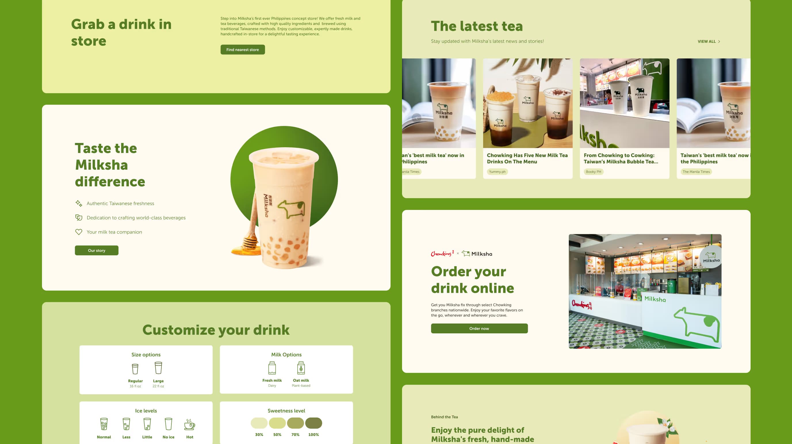 Milksha page sections for finding a store, customizing a drink, reading news and ordering online through Chowking.