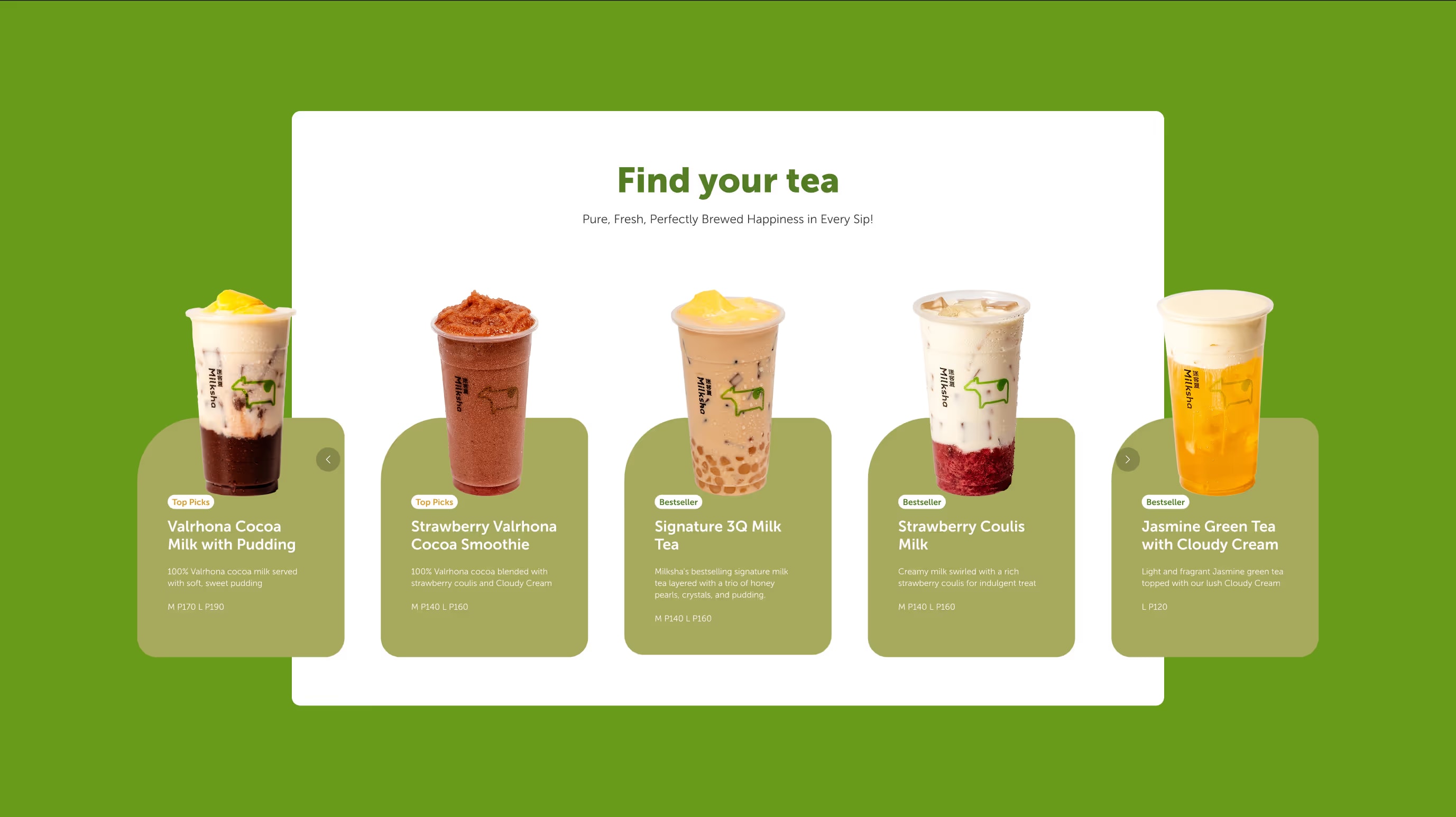 Milksha drinks carousel of five cups, each with a tag, short description and prices.
