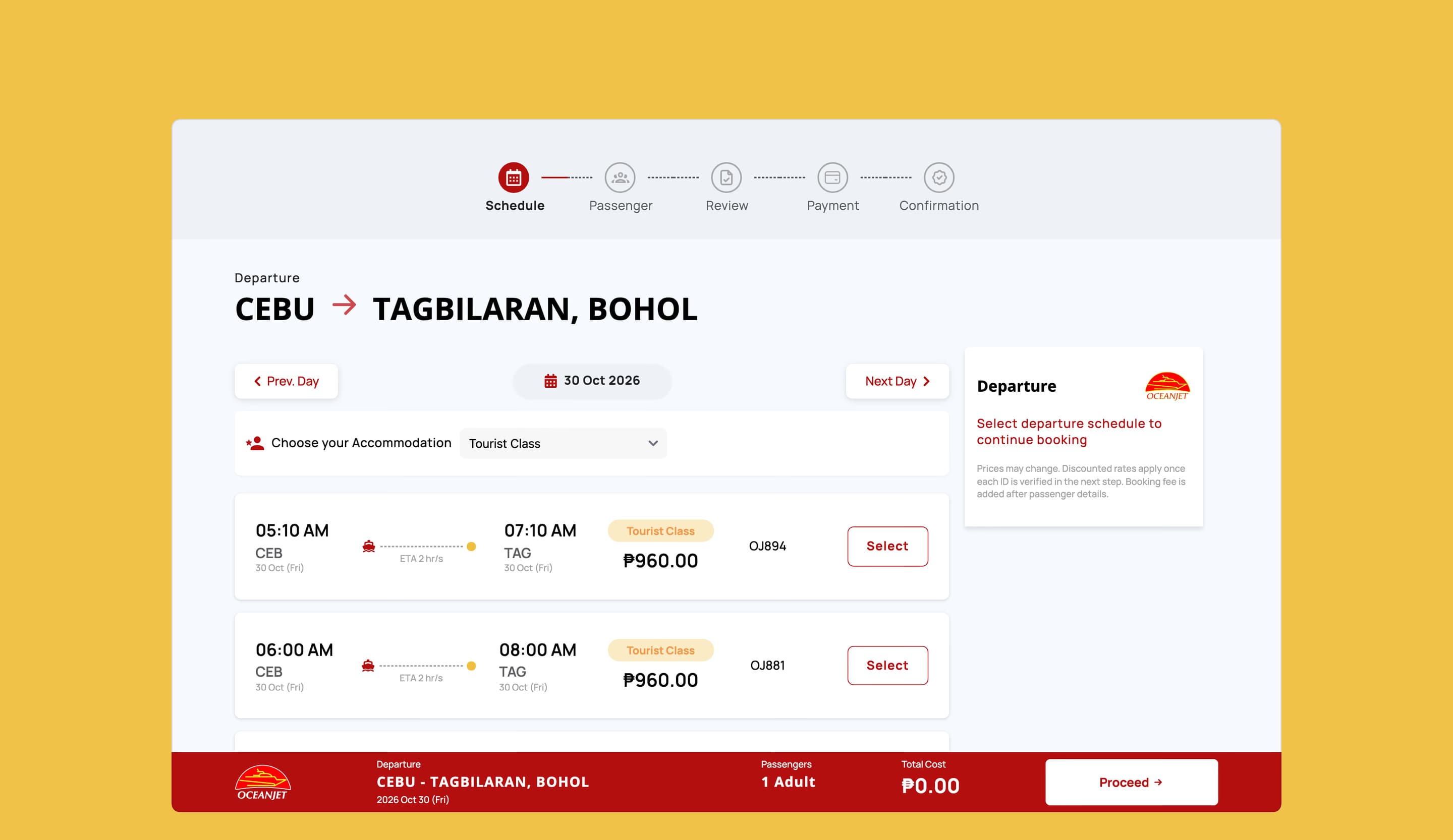 OceanJet’s departures from Cebu to Tagbilaran, Bohol for a day: day navigation, accommodation class, and each trip’s times, travel time, fare and voyage number.