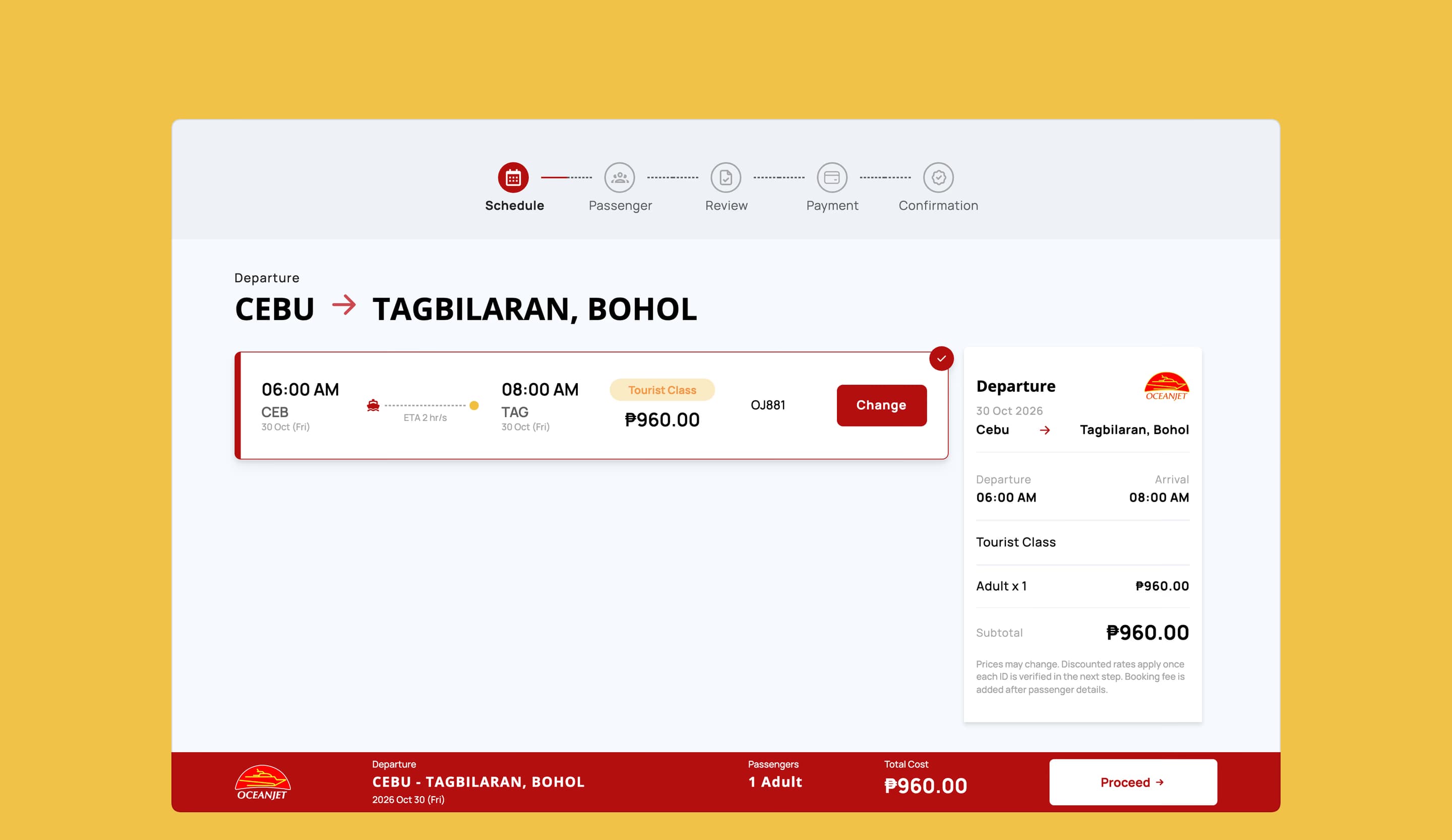 A 6:00 AM Cebu to Tagbilaran departure selected, with the trip summary beside it and the running total in the booking bar.
