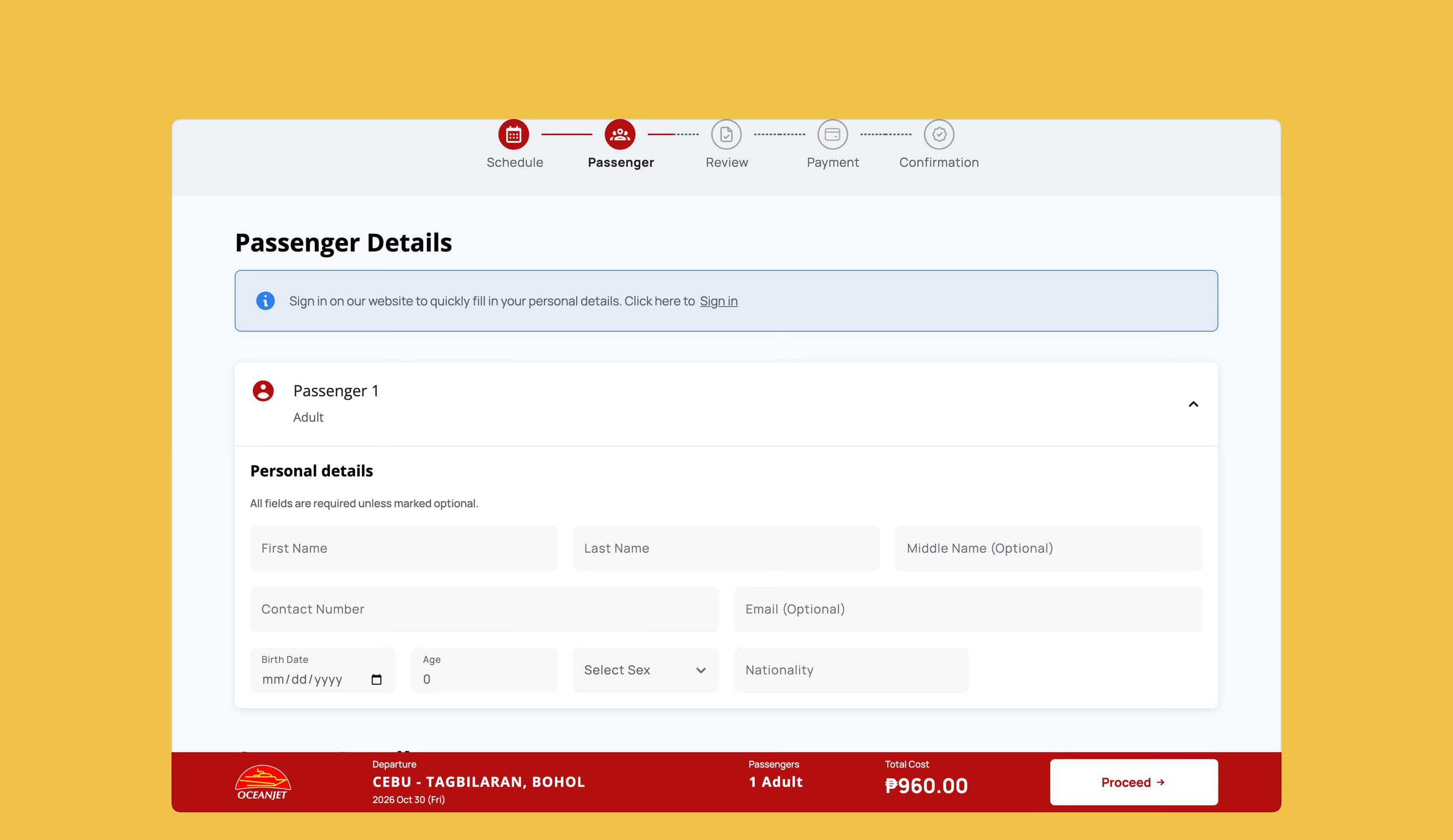 OceanJet’s passenger step, empty: a prompt to sign in and fill in details faster, and the first passenger’s personal details form.