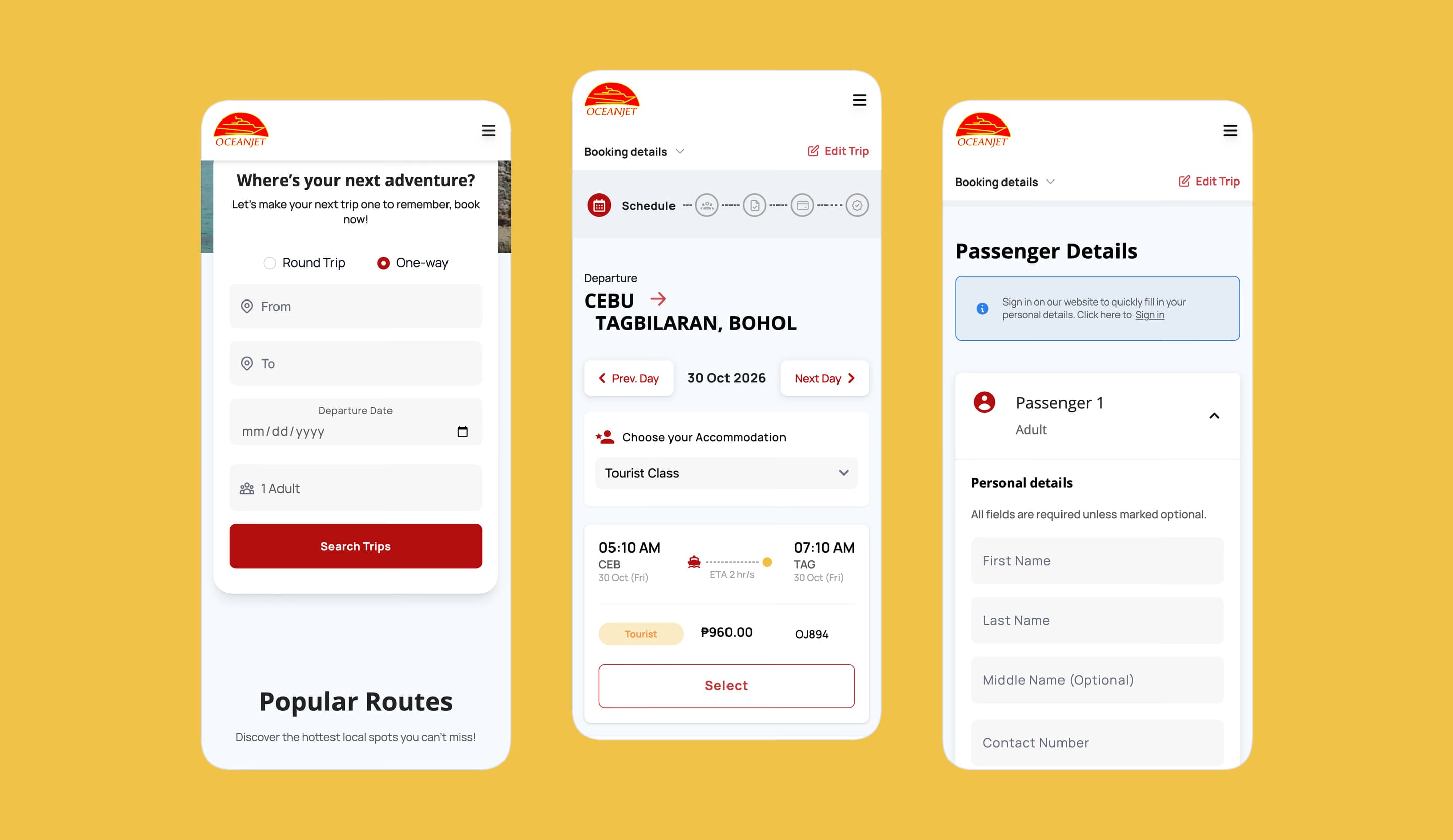 OceanJet on three phones: the trip search, a day’s departures from Cebu to Tagbilaran, and the passenger details form.