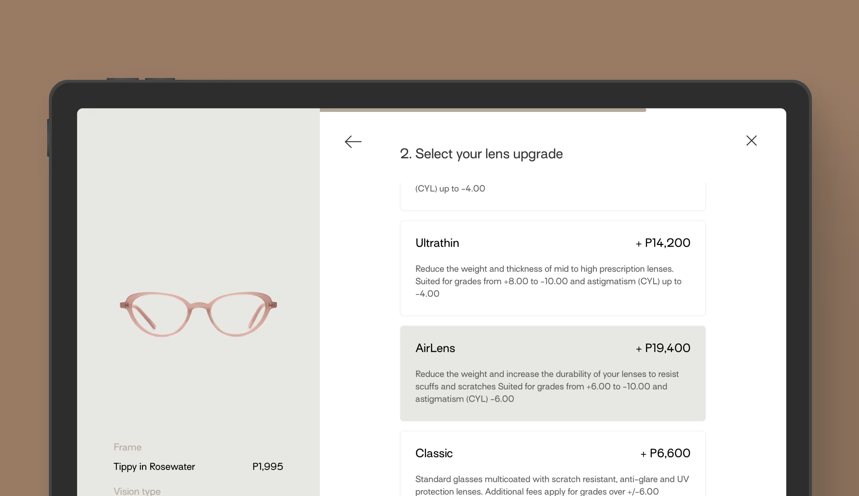 Sunnies Studios lens upgrade step on a tablet, listing lens options and prices beside the chosen frame.