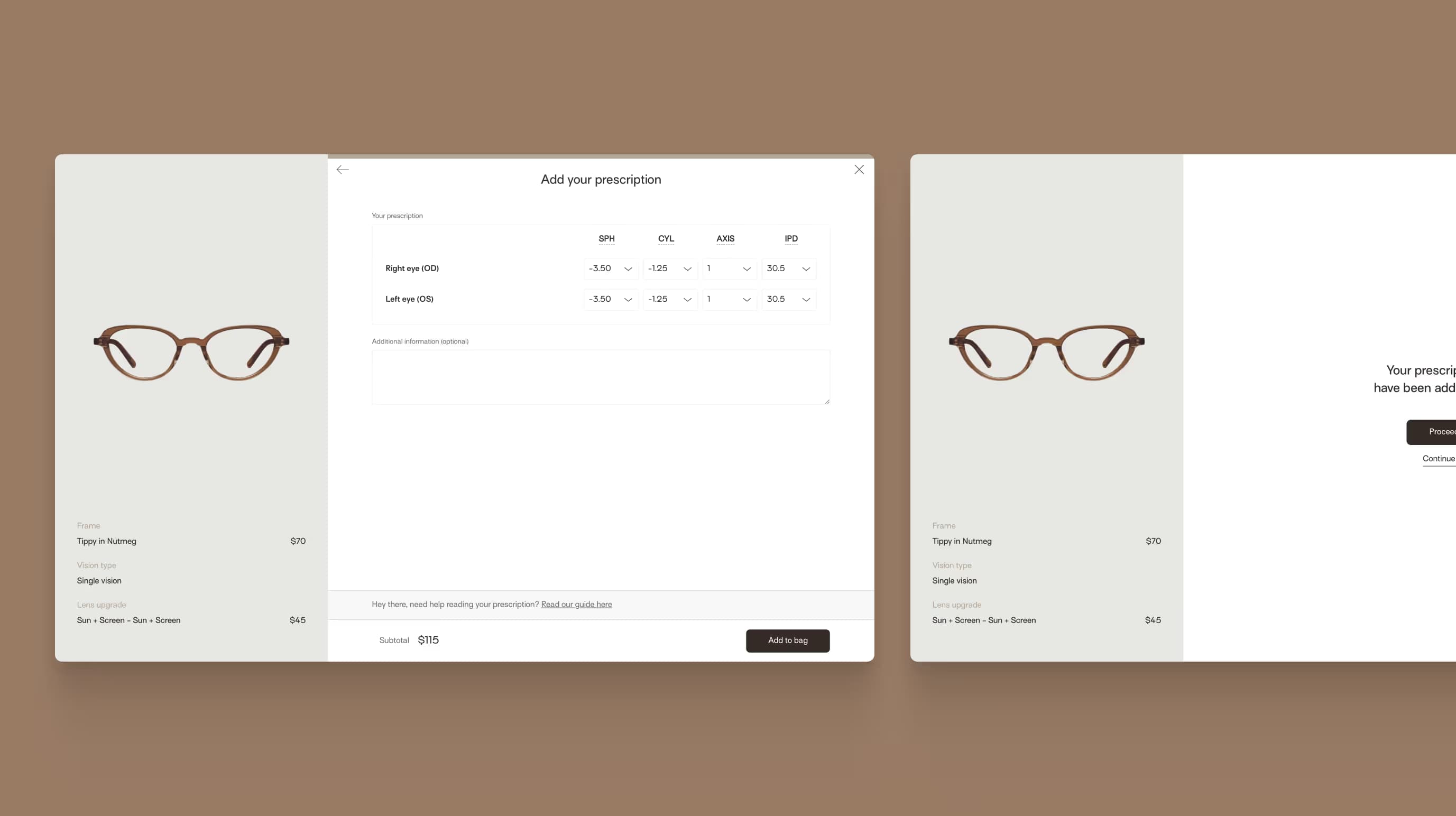 Sunnies Studios prescription form with values for each eye and a subtotal, followed by a confirmation screen.