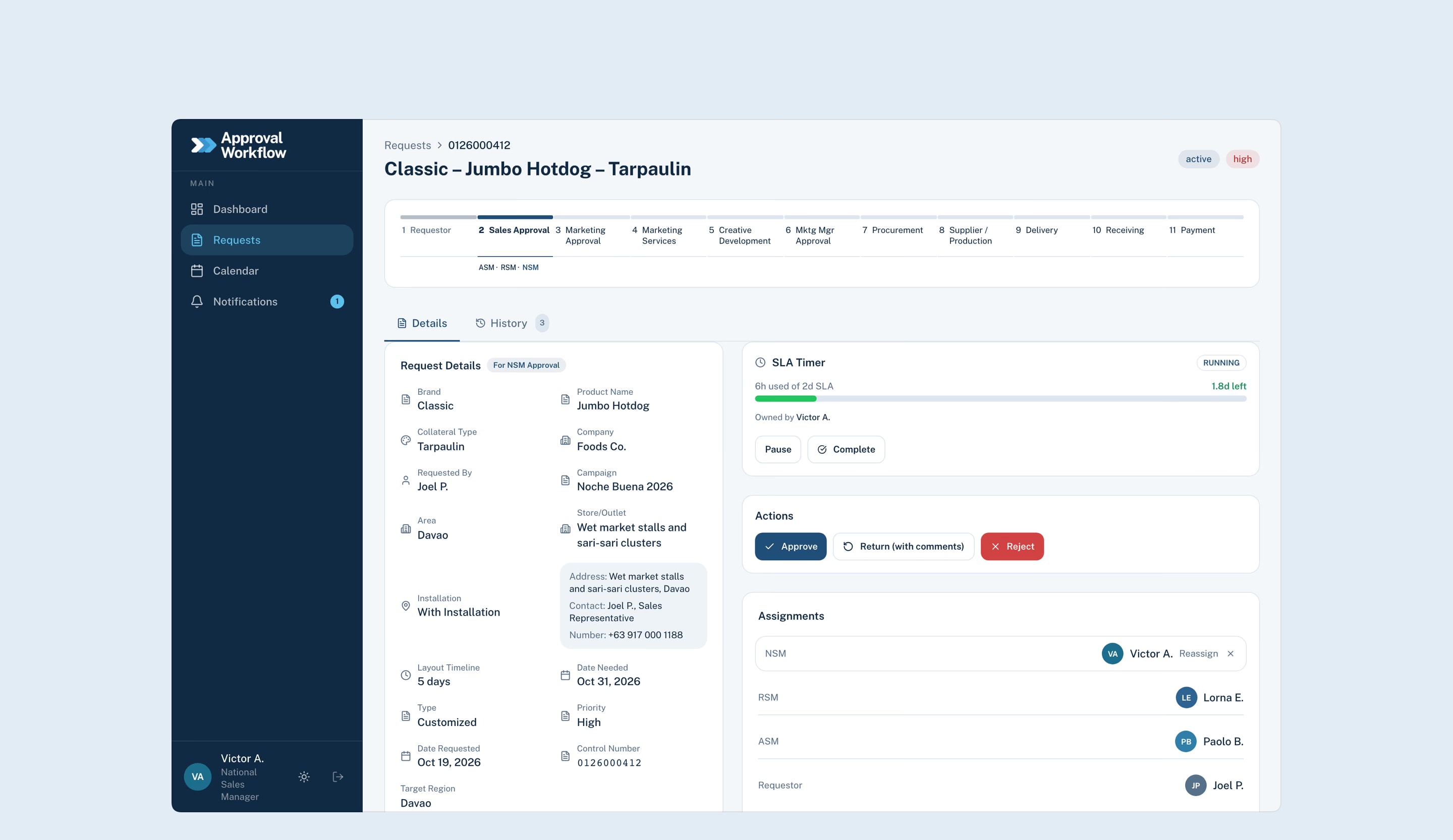 A tarpaulin request at its third sales approval: the step tracker, a running stage timer with its owner, Approve, Return and Reject, and the chain from area to national sales manager.