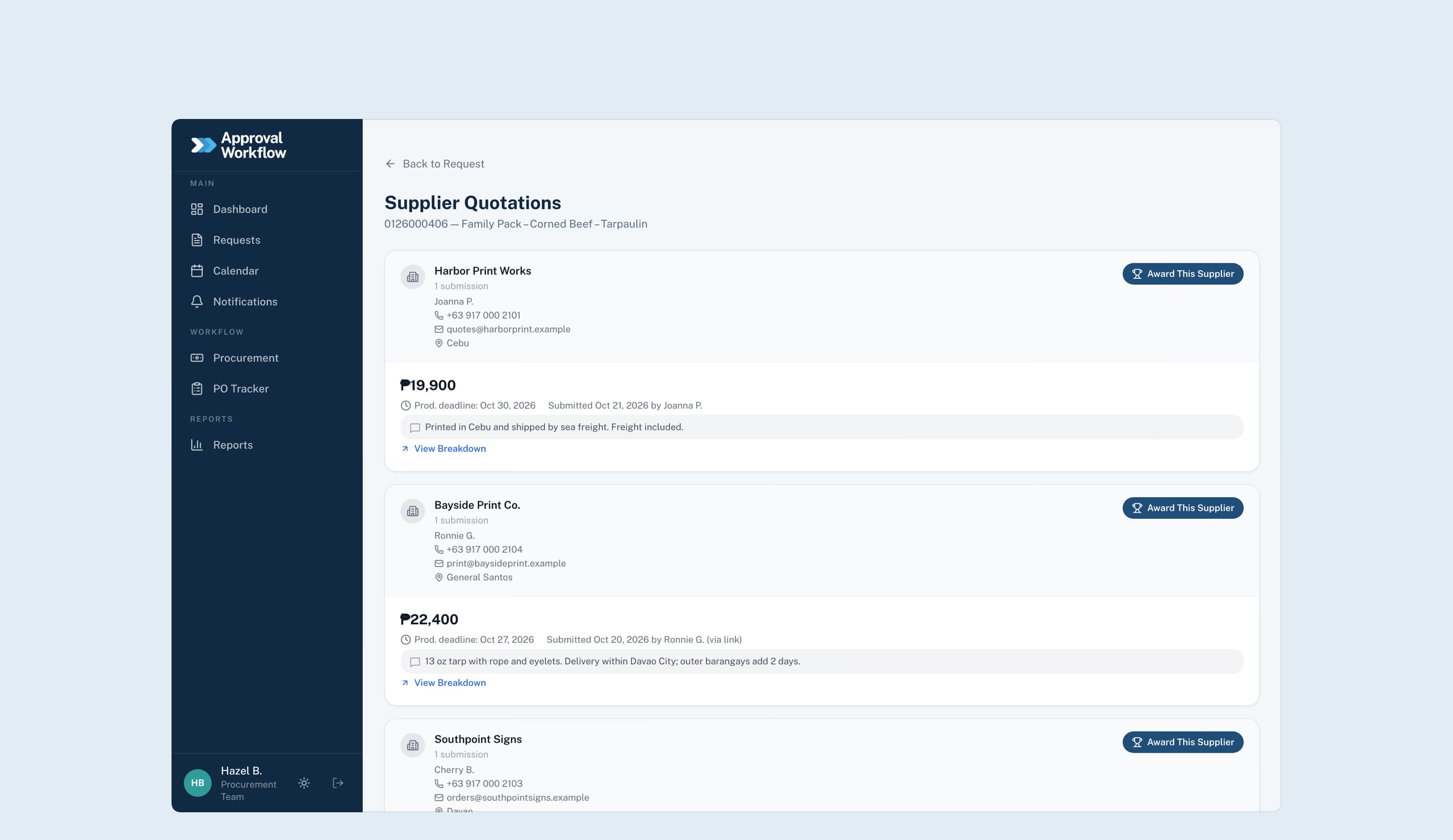 Supplier quotations for one request: three suppliers with price, production deadline and notes, two of them sent in through the supplier’s quote link.