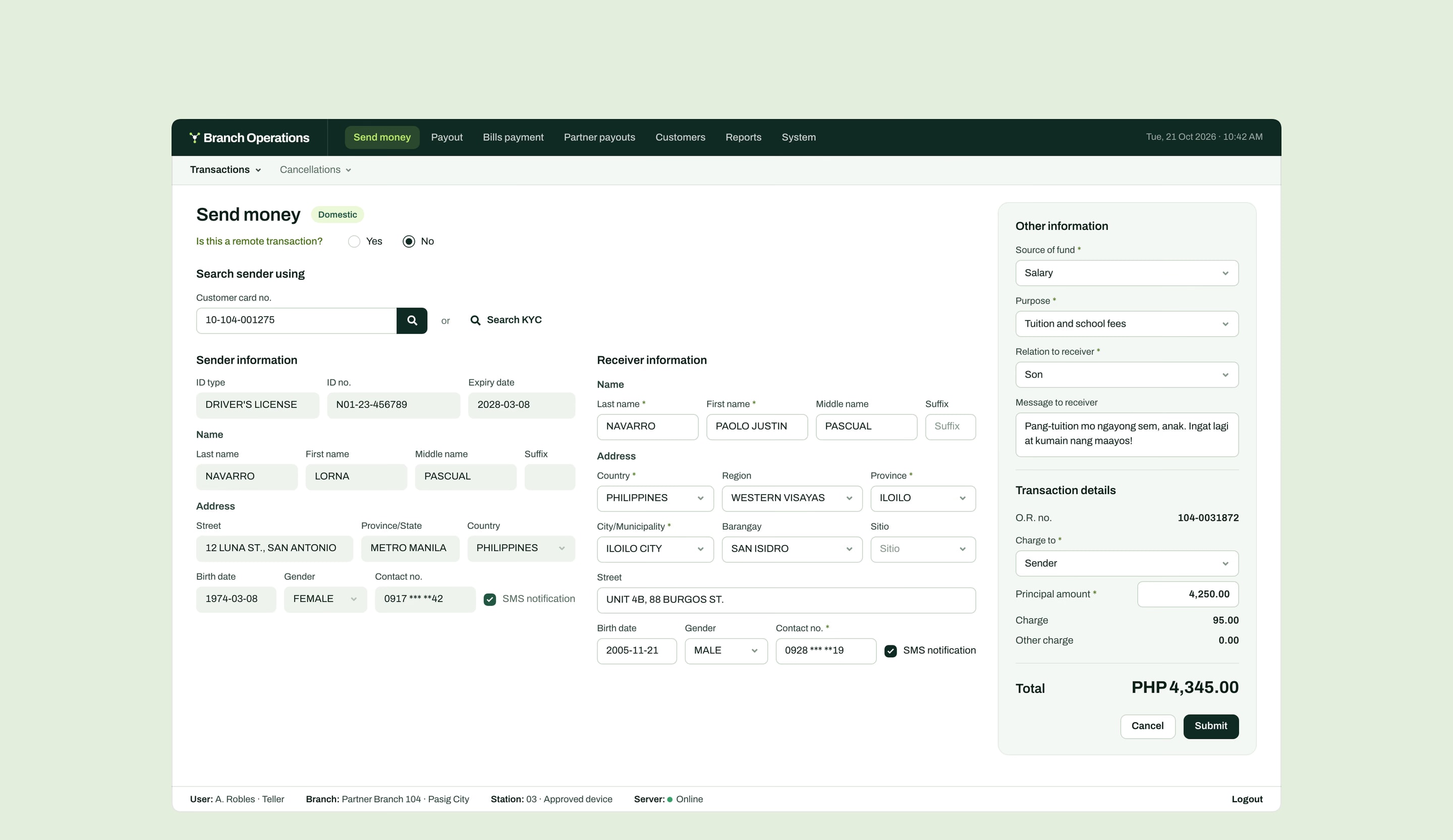 The branch counter’s send-money form: the sender found by customer card number, the receiver filled in, and the transaction details and total beside them.