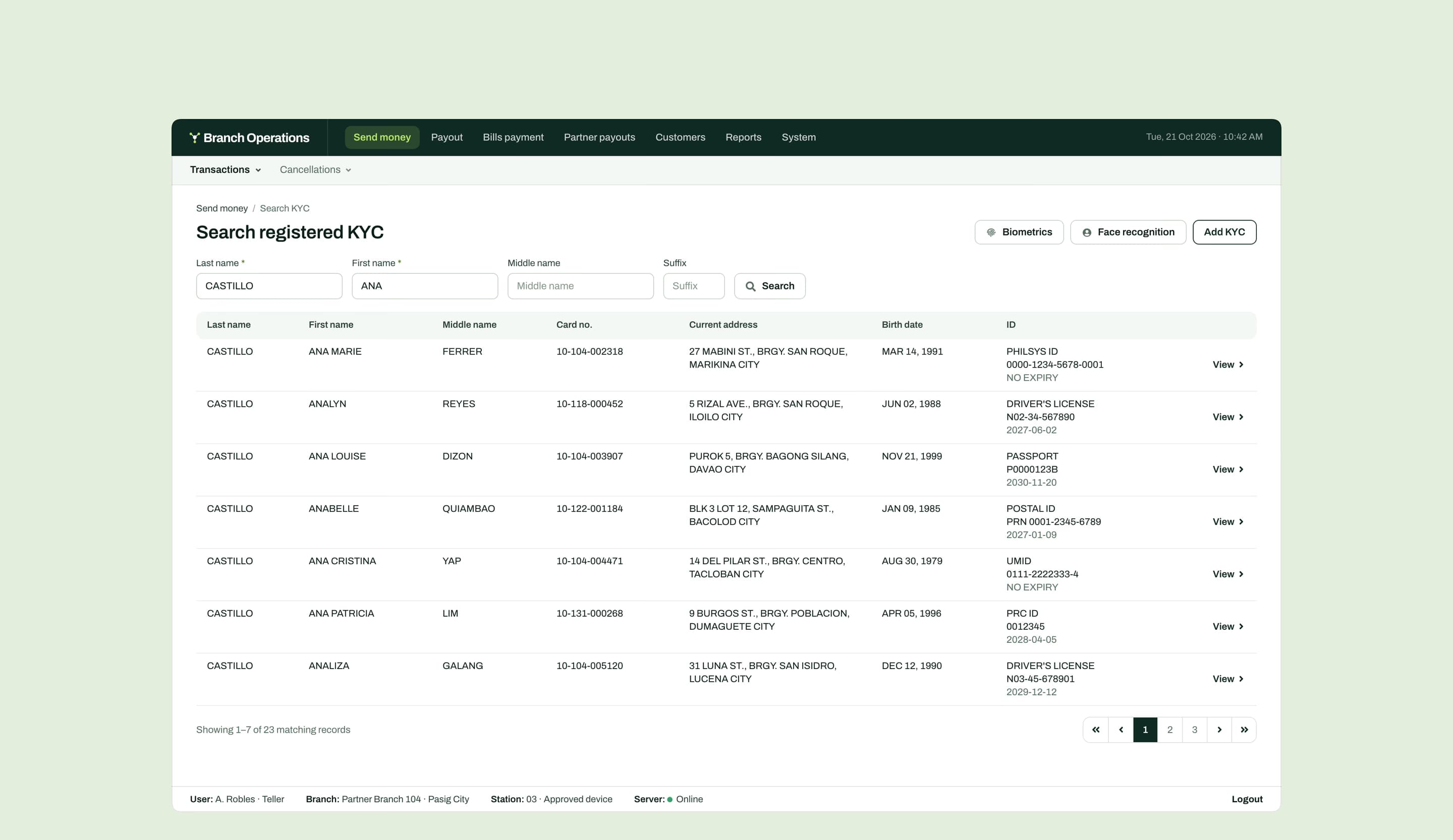 Searching registered customers by name, with biometrics and face recognition, and seven matching records with card number, address, birth date and ID.