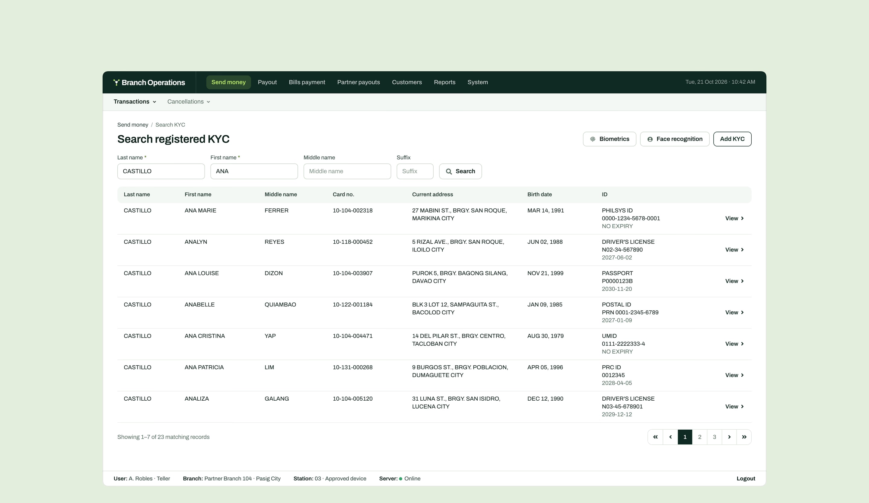 Searching registered customers by name, with biometrics and face recognition, and seven matching records with card number, address, birth date and ID.