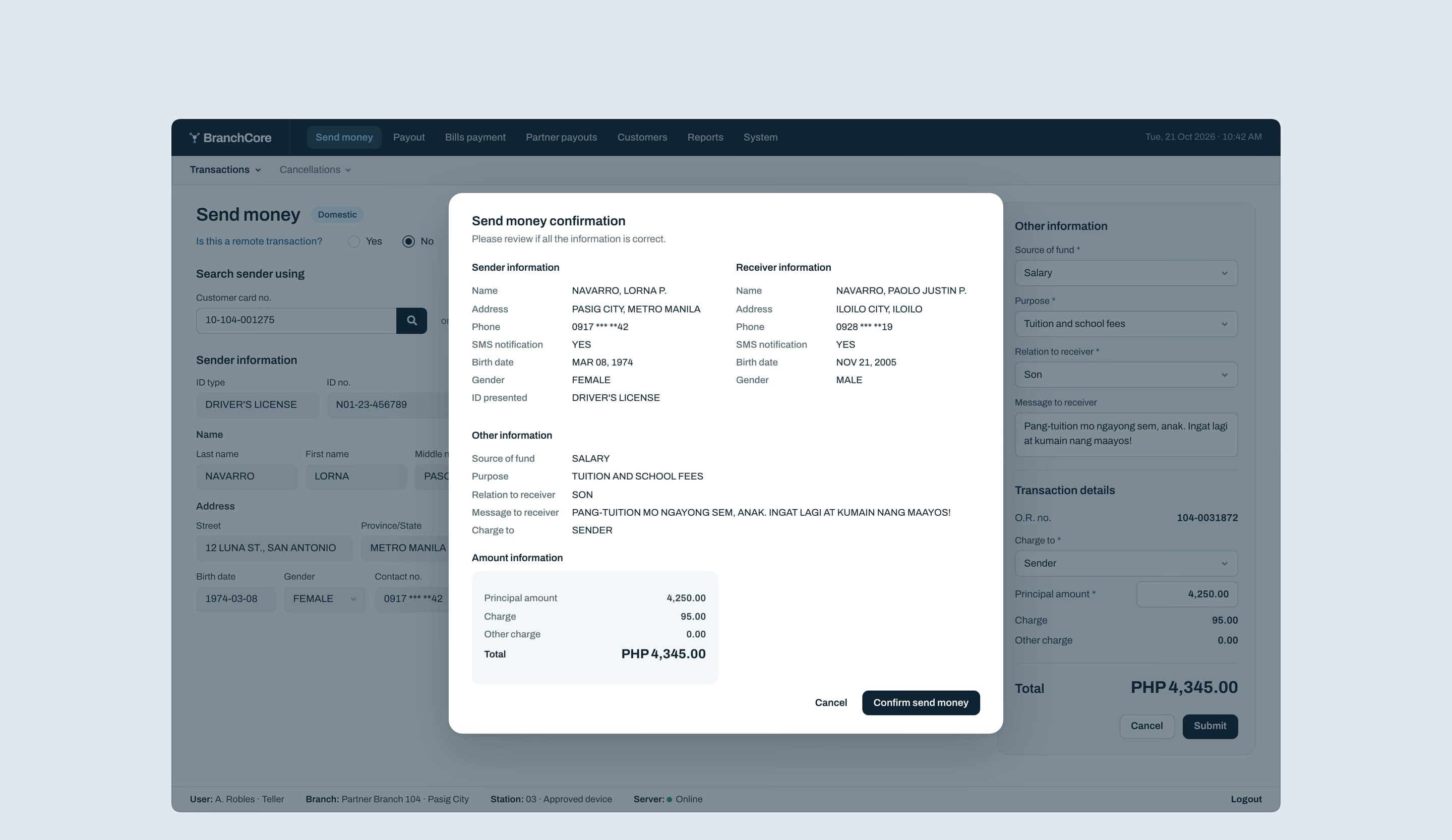 The review step before a send: sender, receiver, other information and amounts, with Confirm send money.