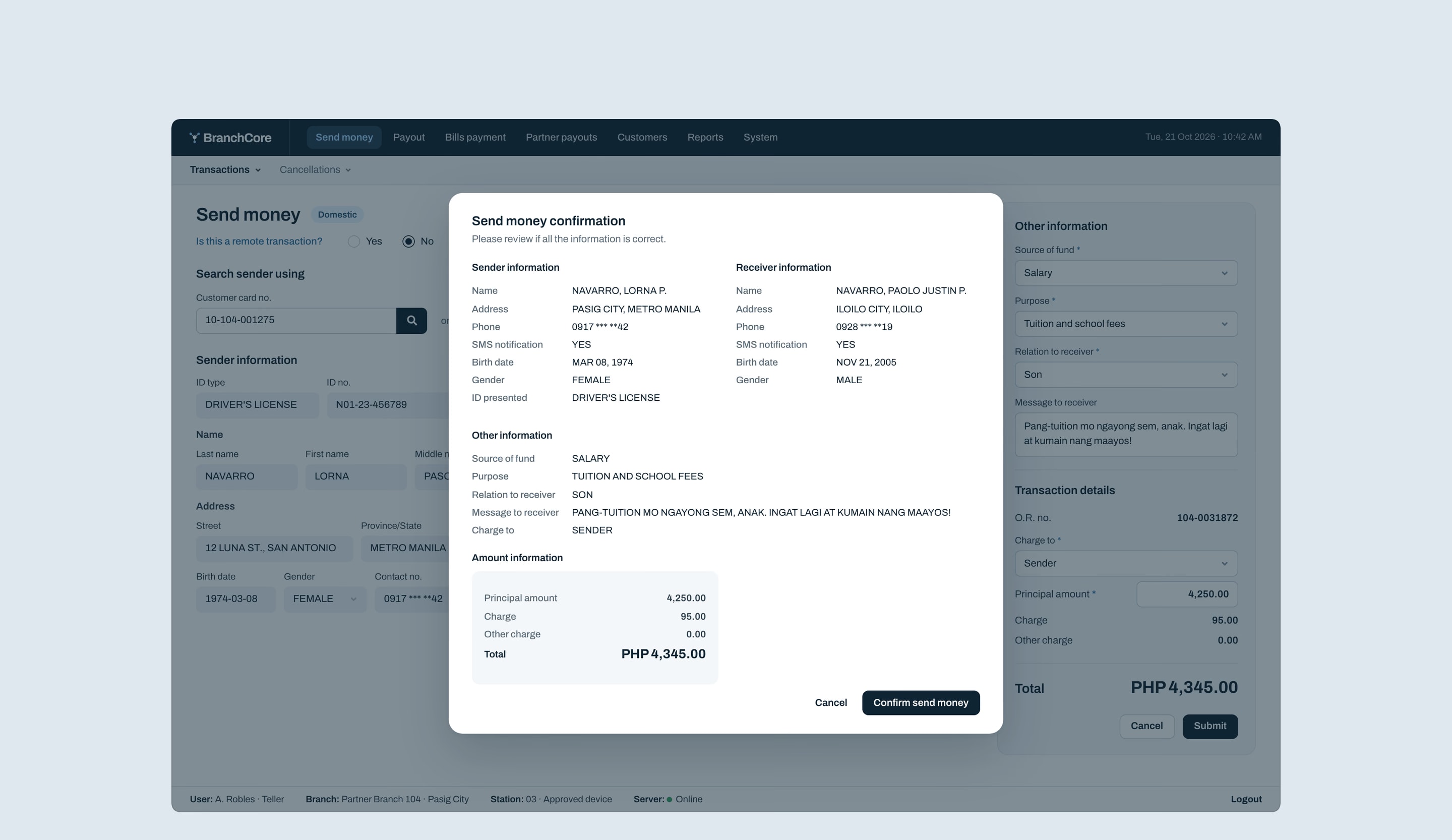 The review step before a send: sender, receiver, other information and amounts, with Confirm send money.