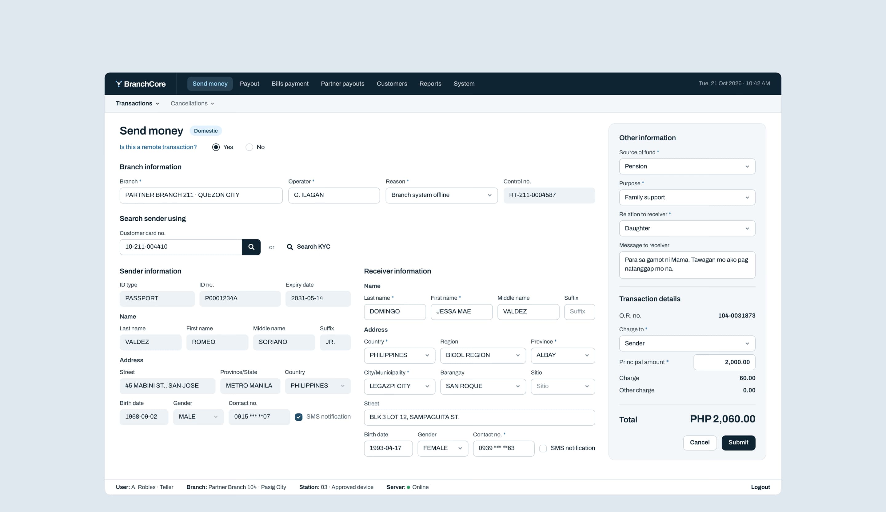 A remote transaction for a branch whose system is offline: the branch, operator, reason and control number, above the send-money form.