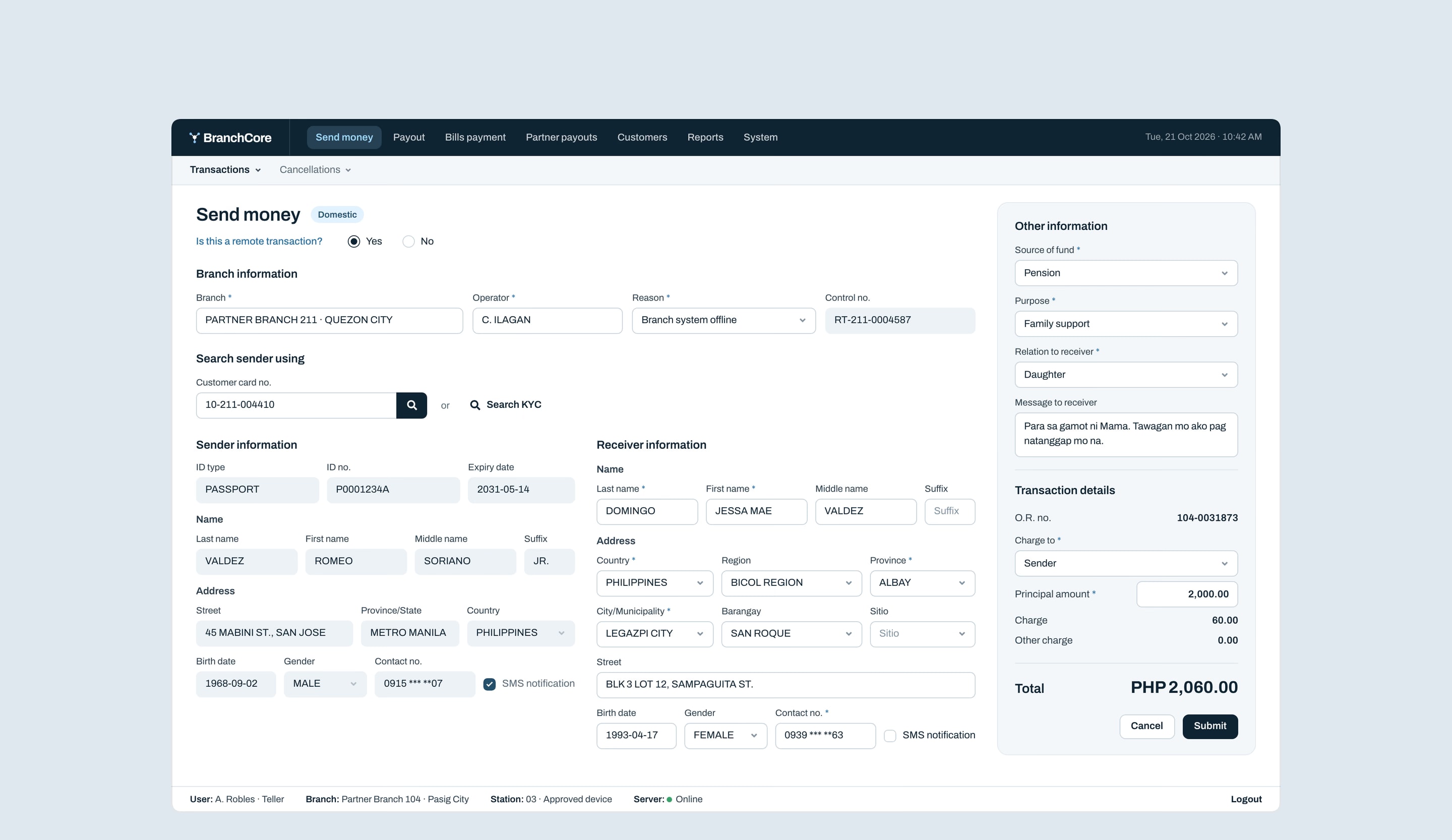A remote transaction for a branch whose system is offline: the branch, operator, reason and control number, above the send-money form.