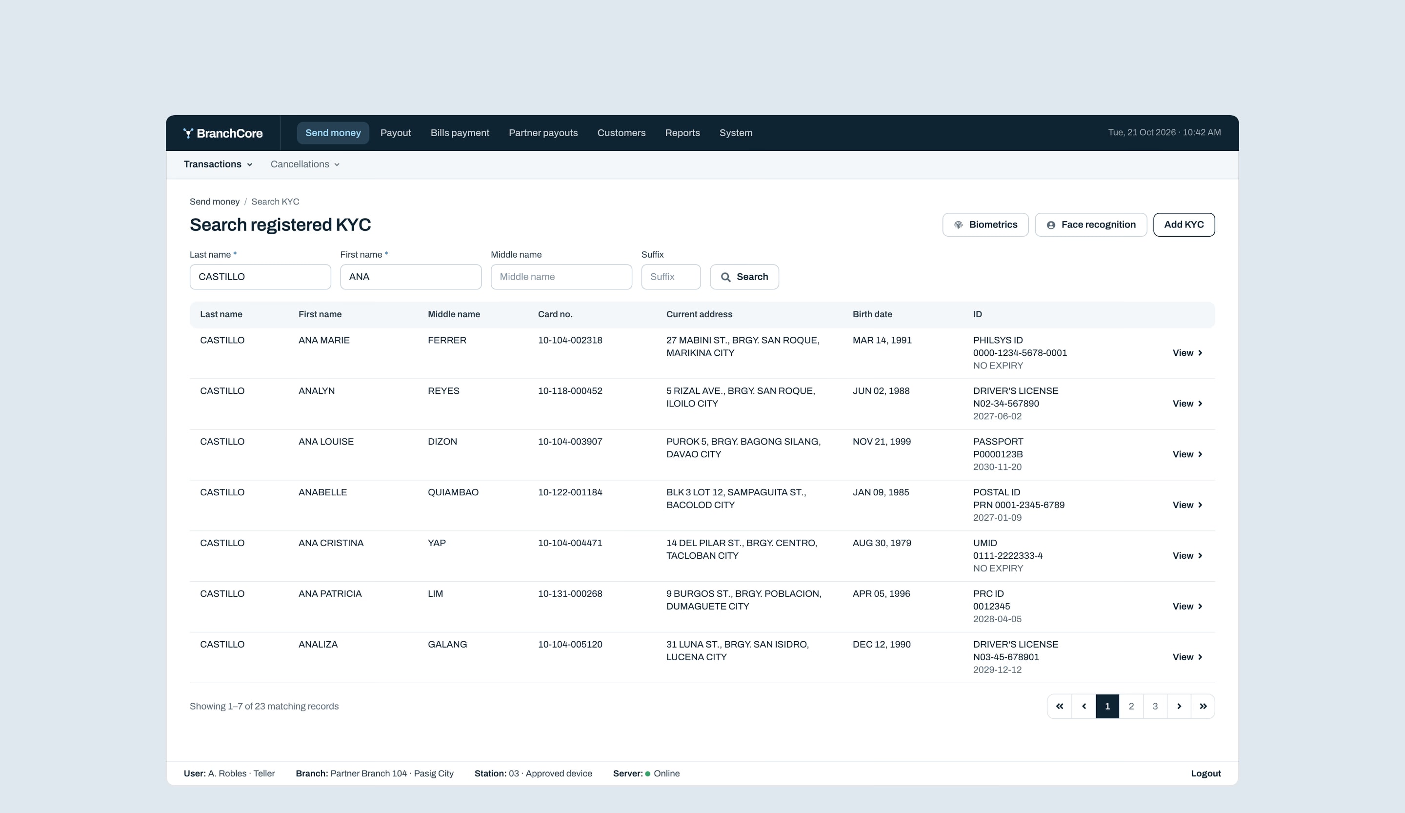 Searching registered customers by name, with biometrics and face recognition, and seven matching records with card number, address, birth date and ID.