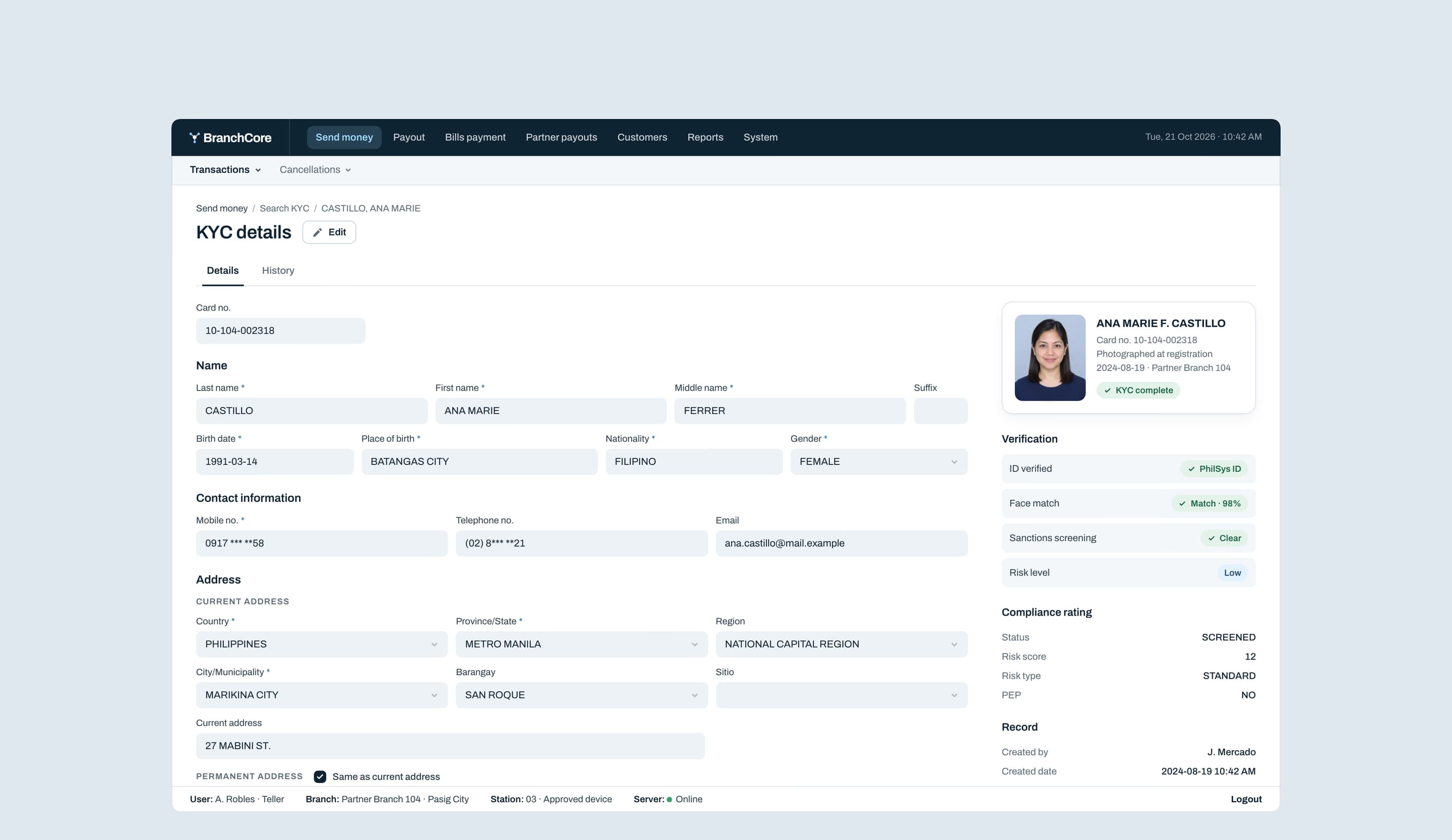 A customer’s KYC record: their details and addresses, the photo taken at registration, verification and compliance panels, and the record’s history.