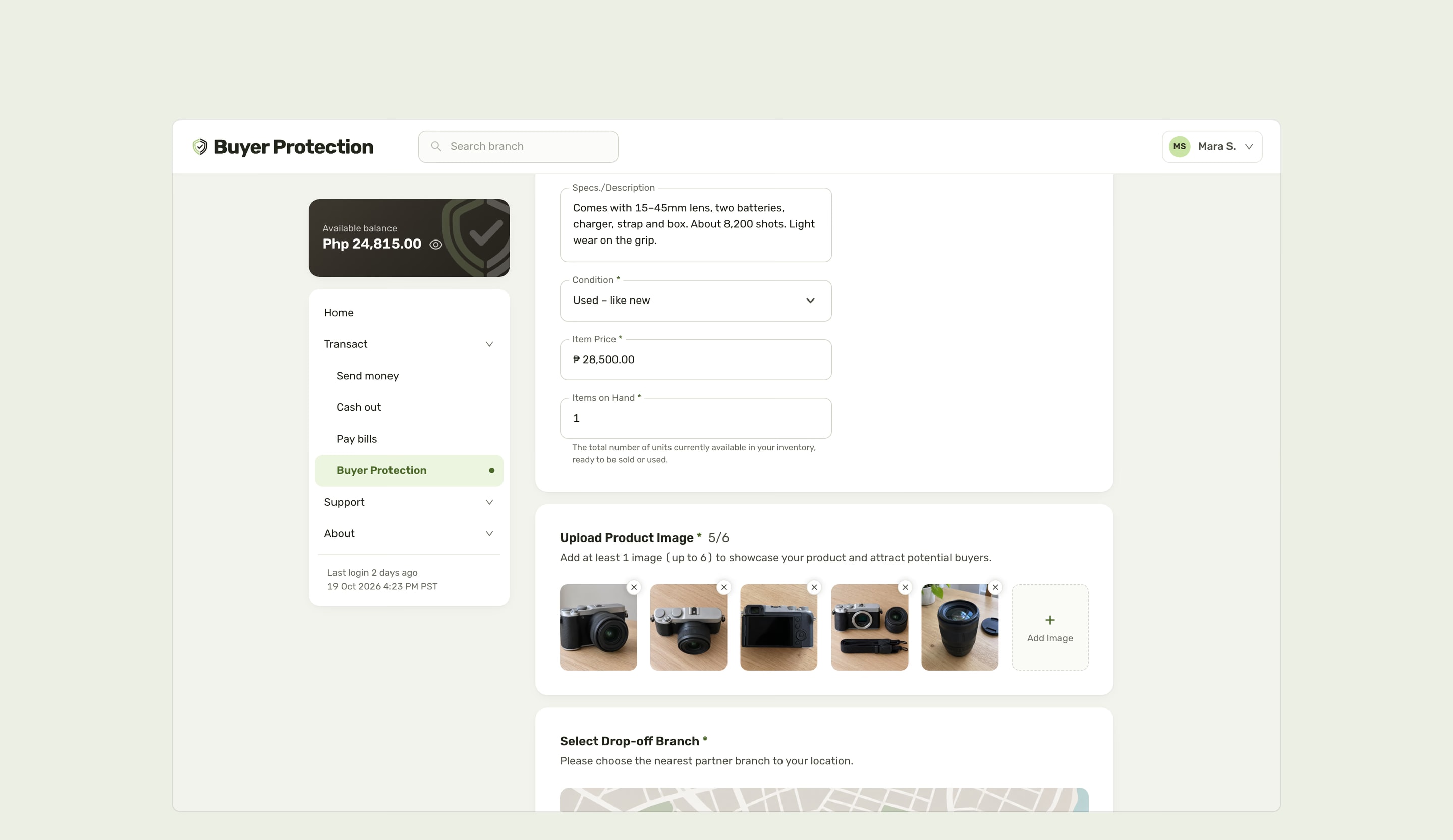 Listing an item: specs, condition, price and items on hand, five product photos, and the drop-off branch below.