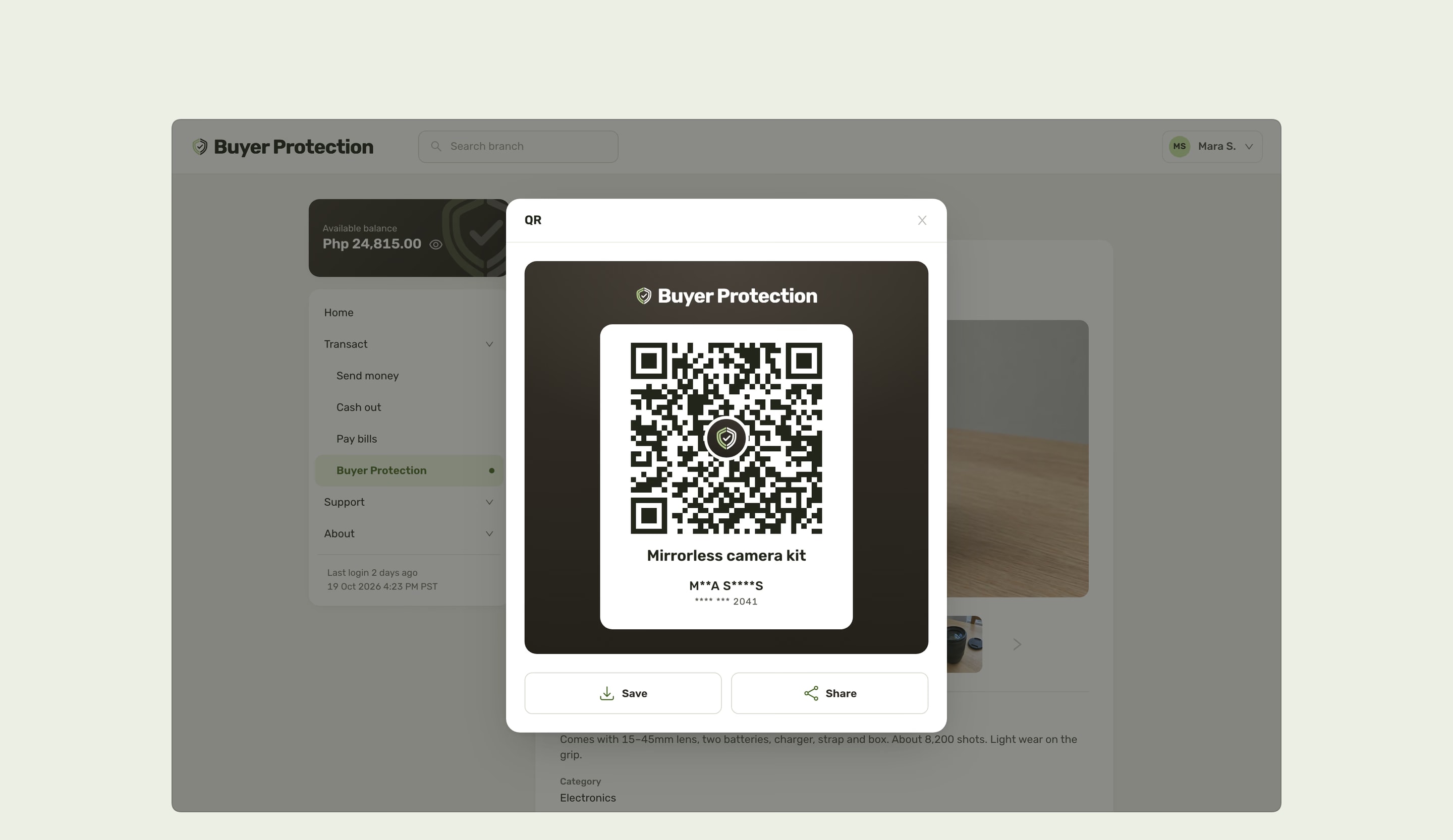 The live listing’s QR card for sharing with a buyer: the item, the seller’s masked name and number, and Save and Share.