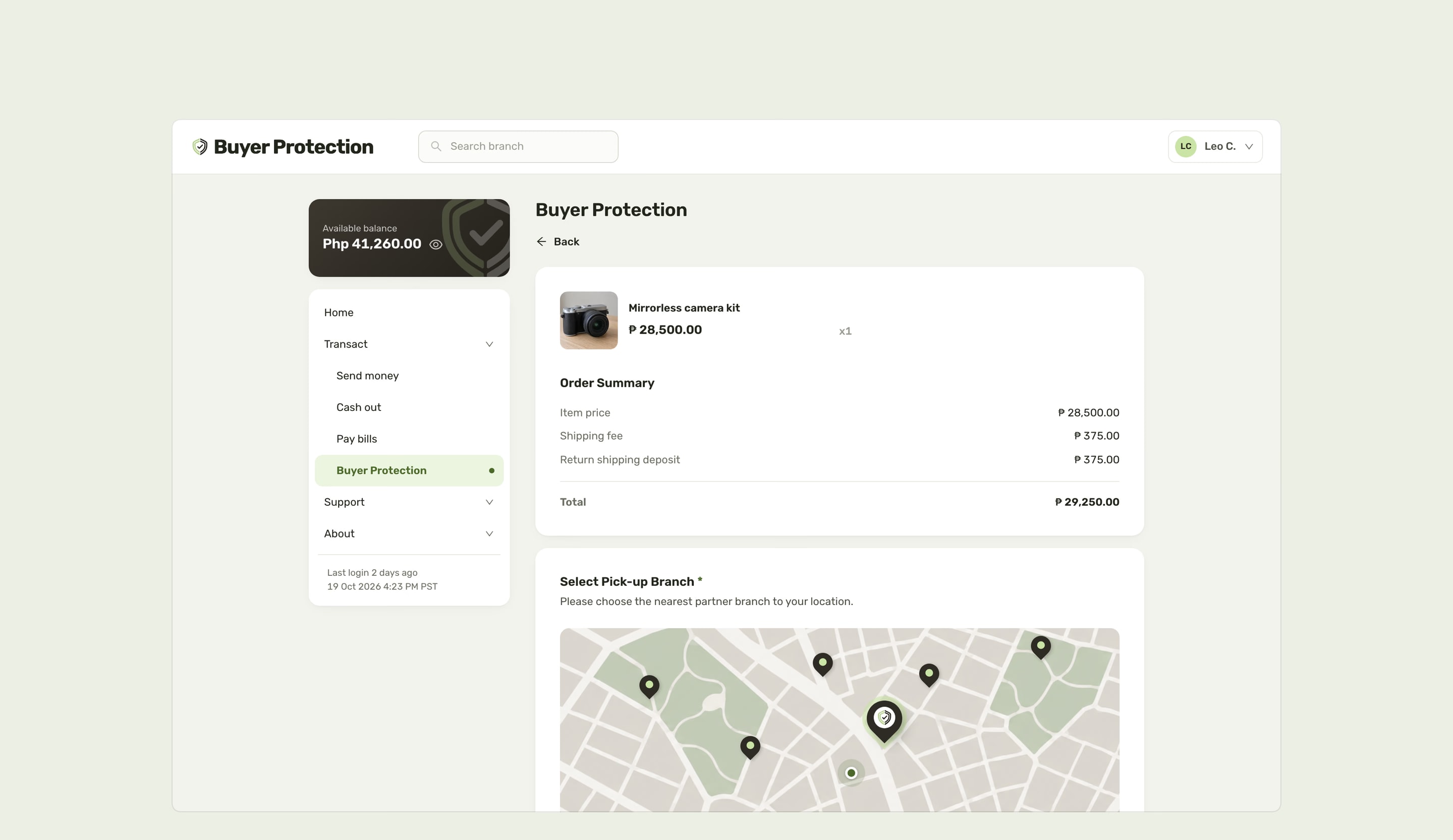 The buyer’s checkout: the item, an order summary with the shipping fee, return shipping deposit and total, and the pick-up branch chosen on a map of partner branches.