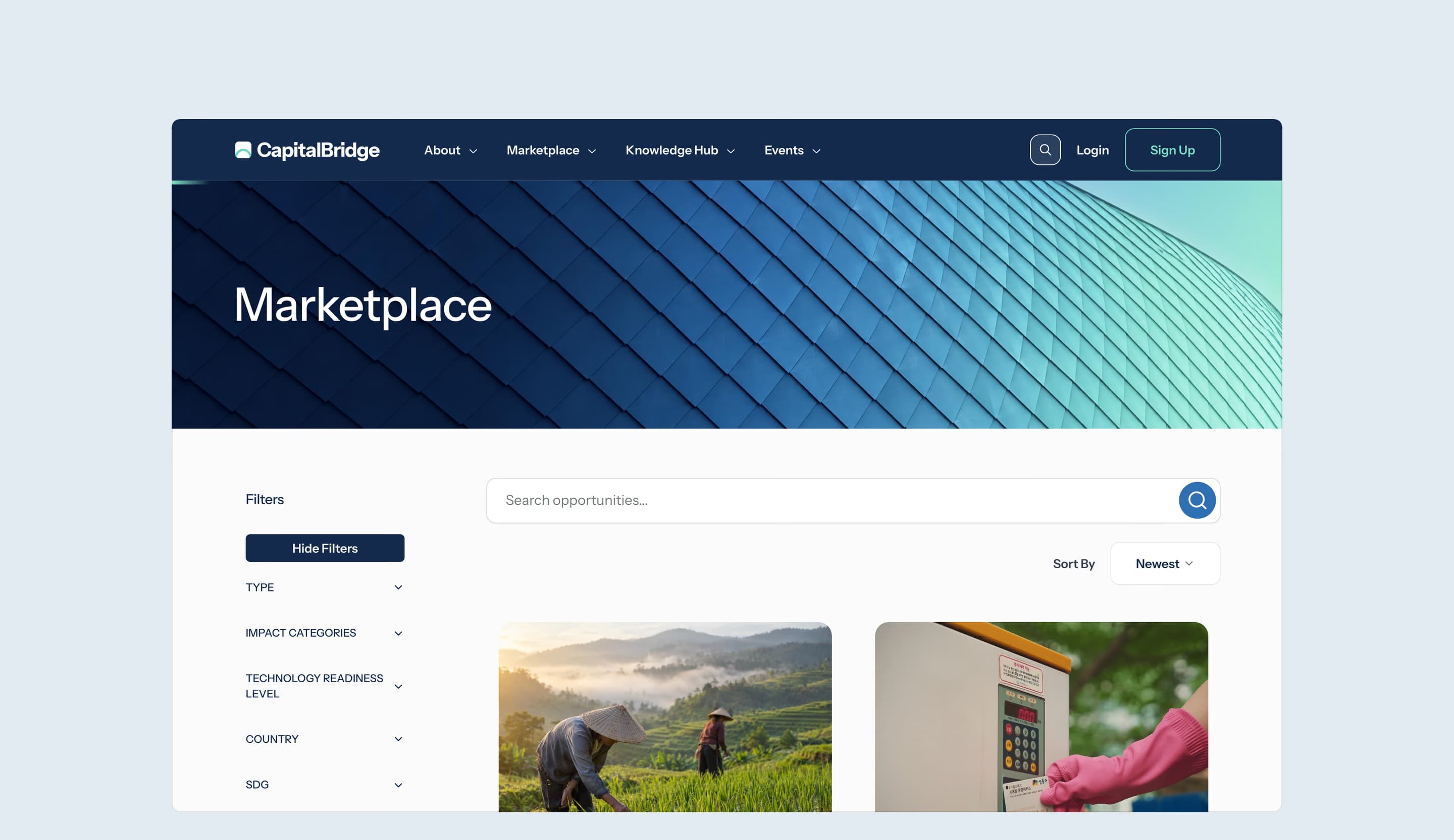 The opportunities marketplace, with filters for type, impact category, technology readiness, country and SDG, search, sort and listing cards.