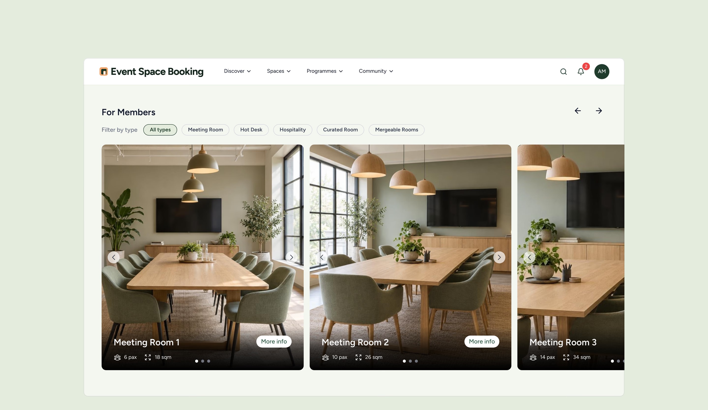 The members’ Spaces page: filters for meeting rooms, hot desks, hospitality, curated and mergeable spaces, and cards with each space’s capacity and size.