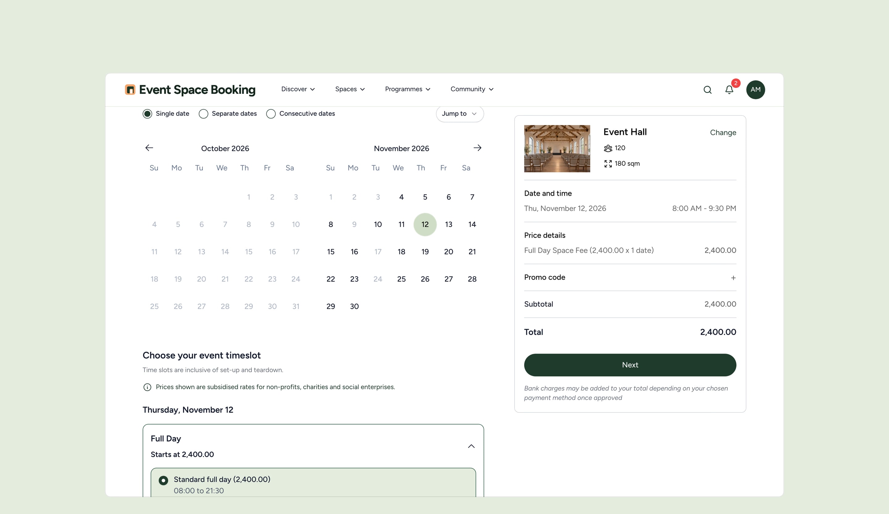 Request to Book for the Event Hall: a date picked on a two-month calendar, the Full Day slot selected and the price summary beside it.