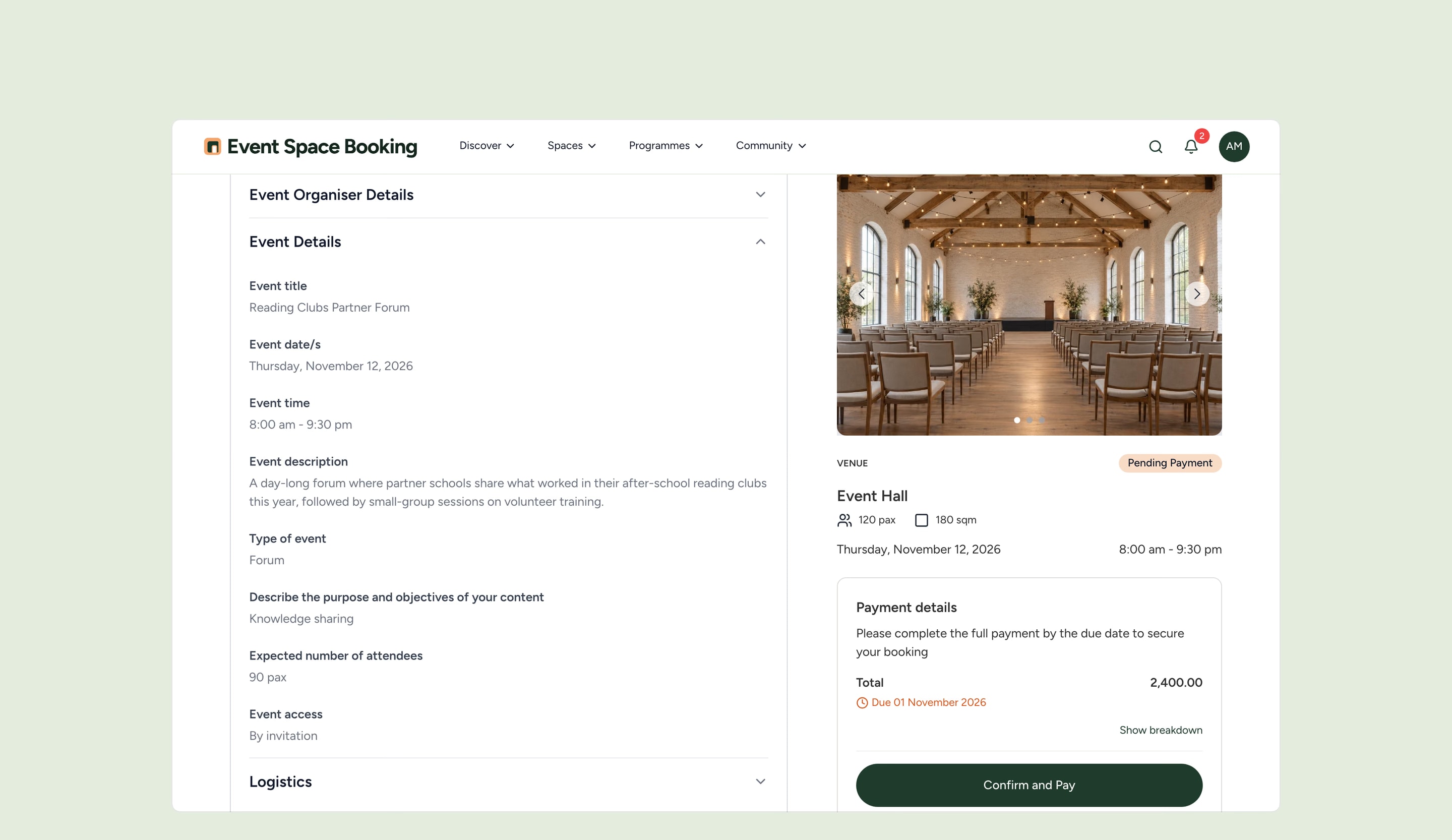A booking after staff approval: Pending Payment, the total, the due date and Confirm and Pay.