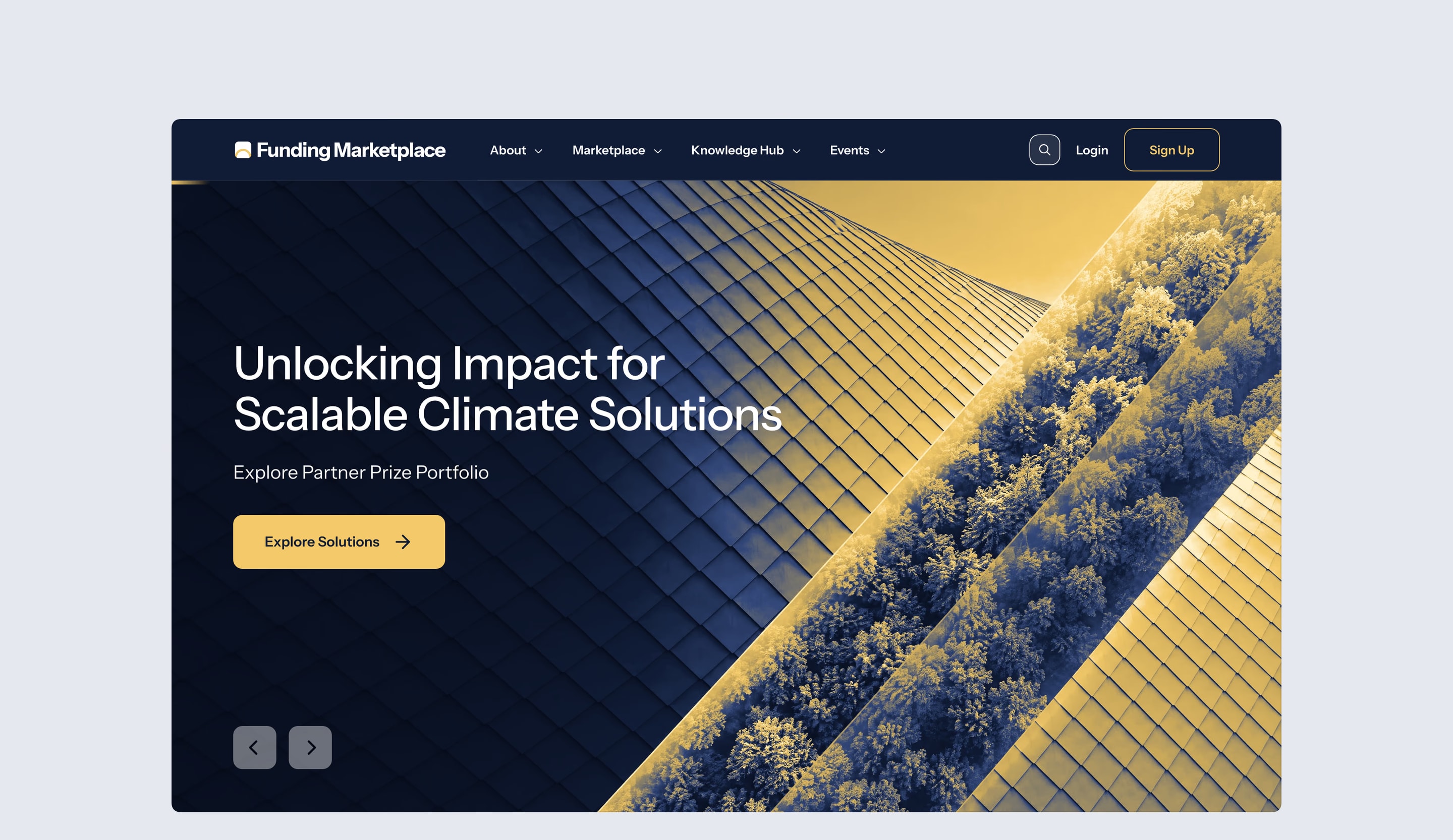 Funding Marketplace home page: the hero with navigation to About, Marketplace, Knowledge Hub and Events, log in and sign up.