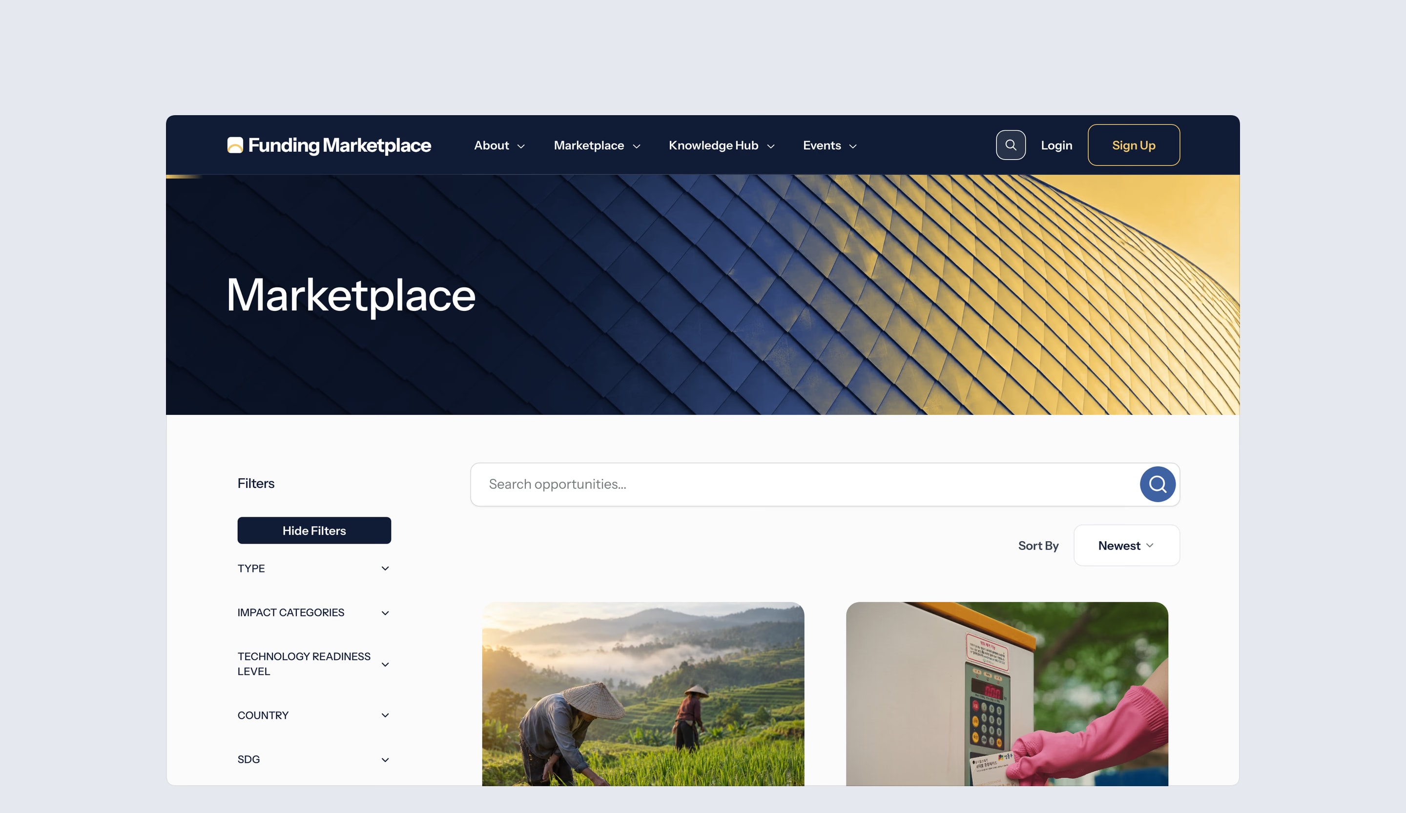 The opportunities marketplace, with filters for type, impact category, technology readiness, country and SDG, search, sort and listing cards.