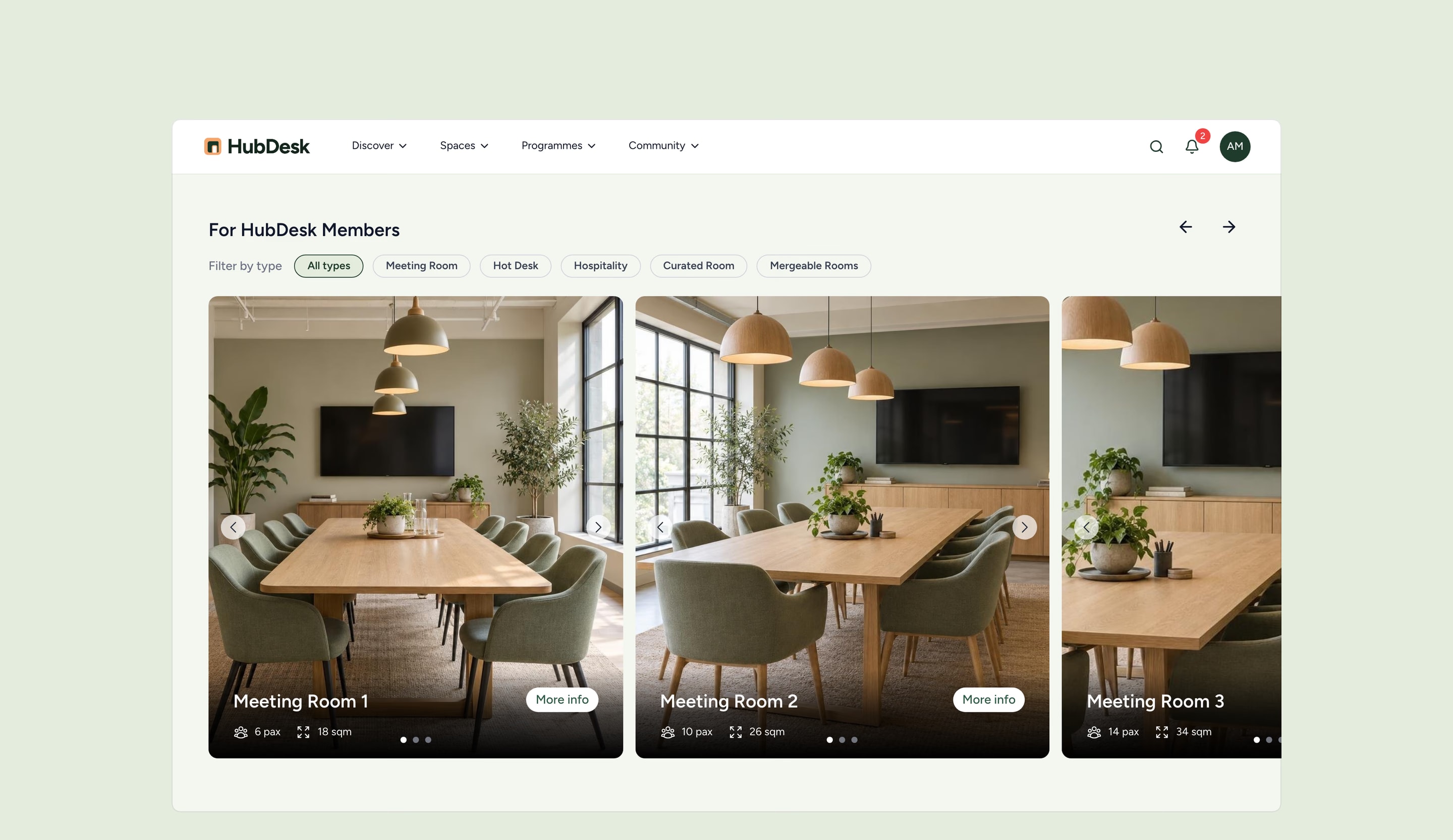 The members’ Spaces page: filters for meeting rooms, hot desks, hospitality, curated and mergeable spaces, and cards with each space’s capacity and size.